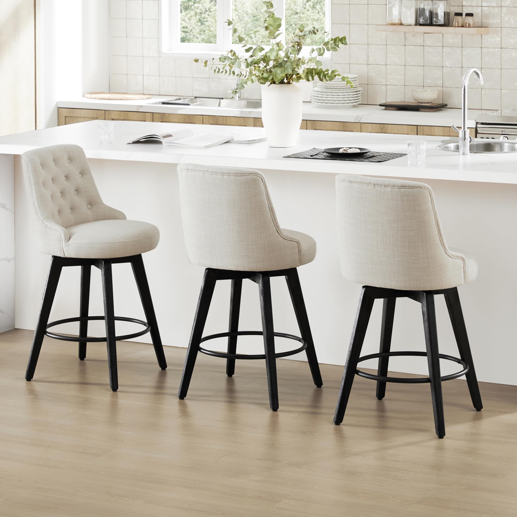 Watson & Whitely Counter Height Bar Stools Set of 3, Performance Fabric Upholstered Modern Swivel Barstool with Back, Solid Wood