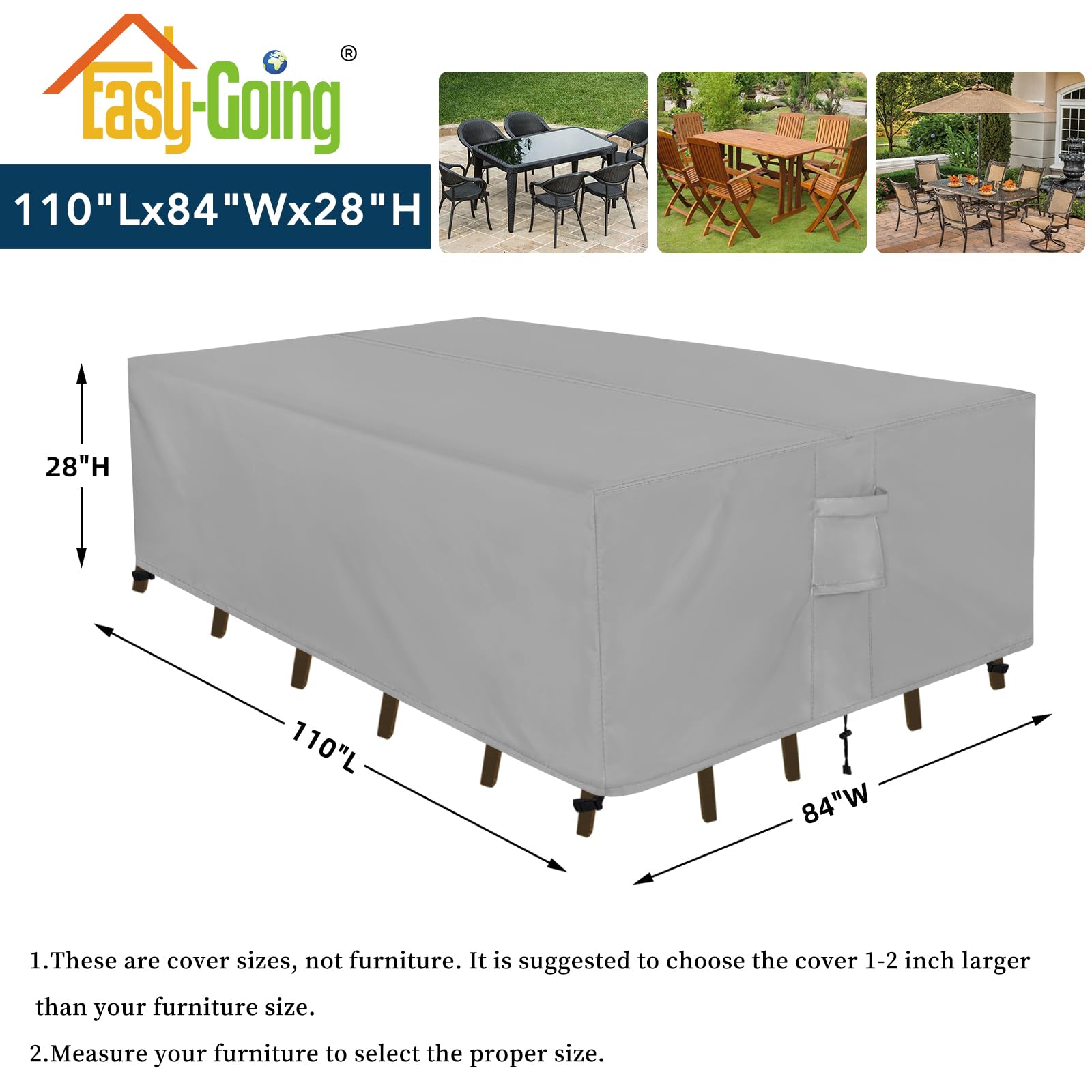 Easy-Going Rectangle Patio Furniture Cover Waterproof Outdoor Dining Table And Chair Cover Anti-Uv Outside Sectional Sofa Set Covers (110'L X 84'W X 28'H, Grey)