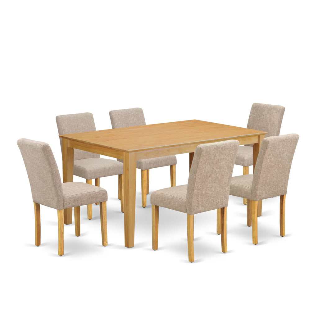 East West Furniture Caab7-Oak-04 7 Piece Modern Dining Table Set Consist Of A Rectangle Wooden Table And 6 Light Tan Linen Fabric Upholstered Chairs, 36X60 Inch, Oak
