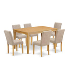 East West Furniture Caab7-Oak-04 7 Piece Modern Dining Table Set Consist Of A Rectangle Wooden Table And 6 Light Tan Linen Fabric Upholstered Chairs, 36X60 Inch, Oak