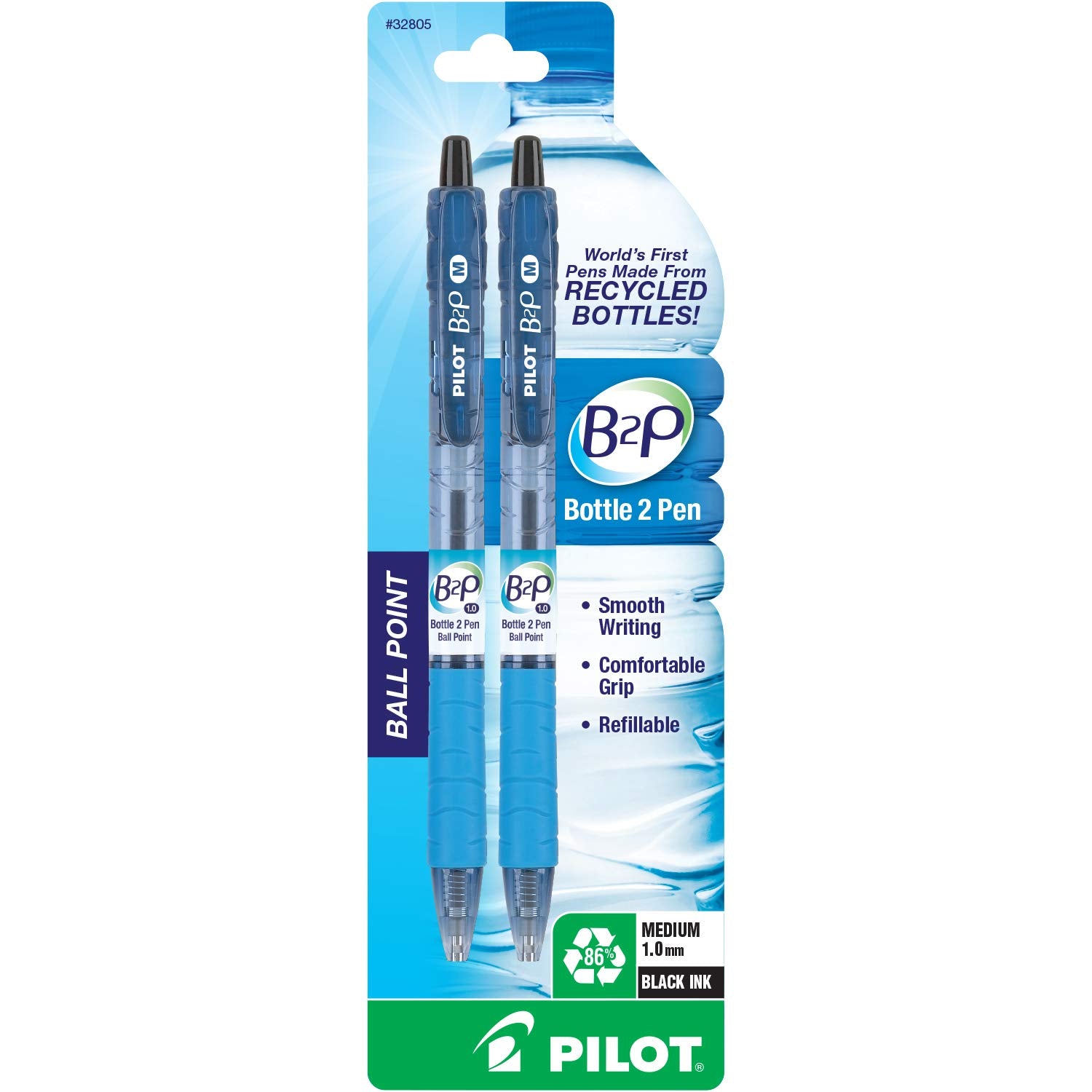 Pilot B2P - Bottle To Pen Refillable & Retractable Ball Point Pen Made From Recycled Bottles, Medium Point, Black Ink, 2-Pack (3
