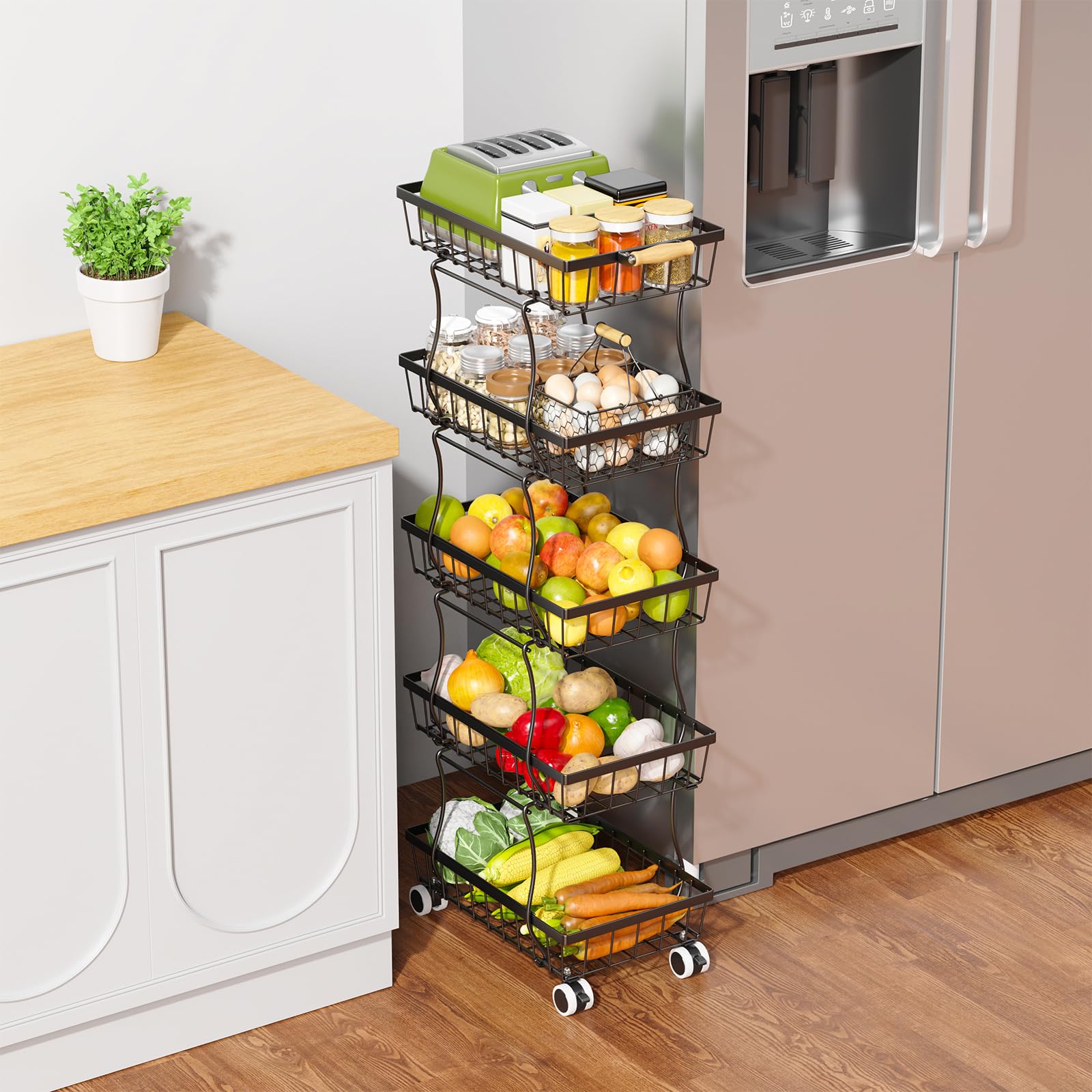 Chloryard 5 Tier Slim Fruit Basket For Kitchen, Stackable Wire Fruit Vegetable Storage Baskets Organizer Stand On Wheels, Metal