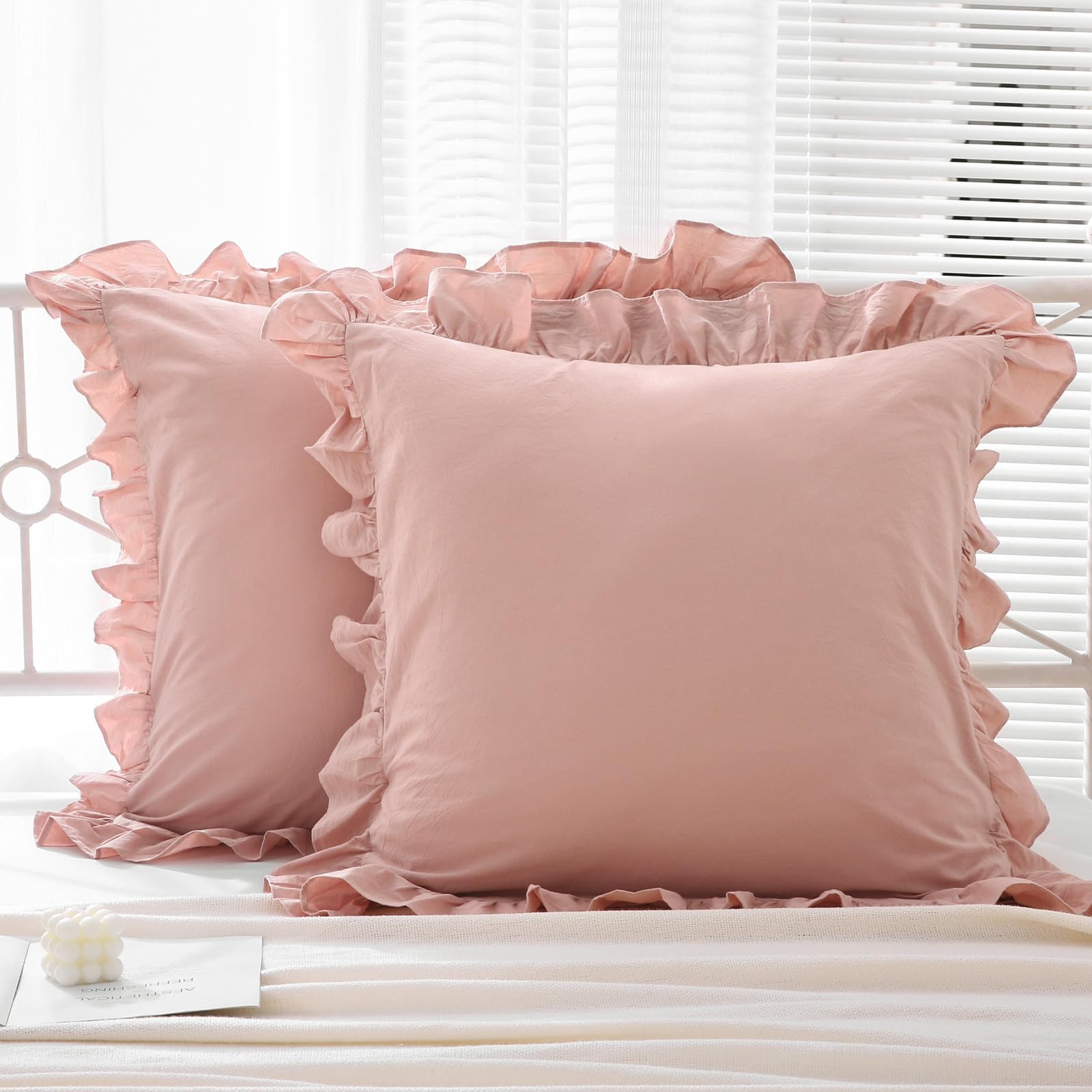 Mywinlle Dusty Rose Ruffle Euro Pillow Shams,Shabby 2 Pack Pillow Sham Covers Washed Cotton Pillow Cases (Dusty Pink,26''X26'')
