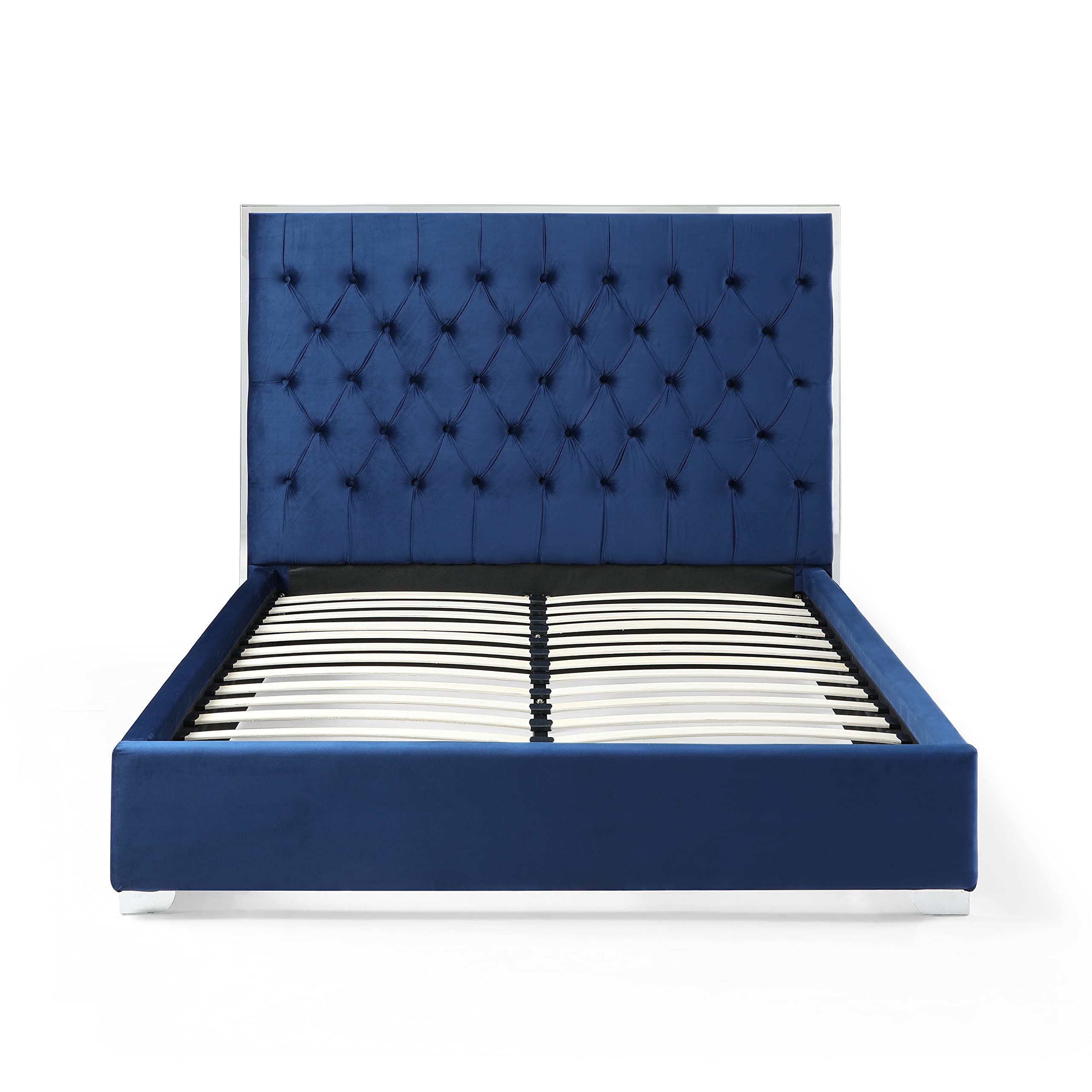 Woodpeckers Furniture And Mattress Sophia Velvet Queen Bed with Silver Metal Frame (Blue)