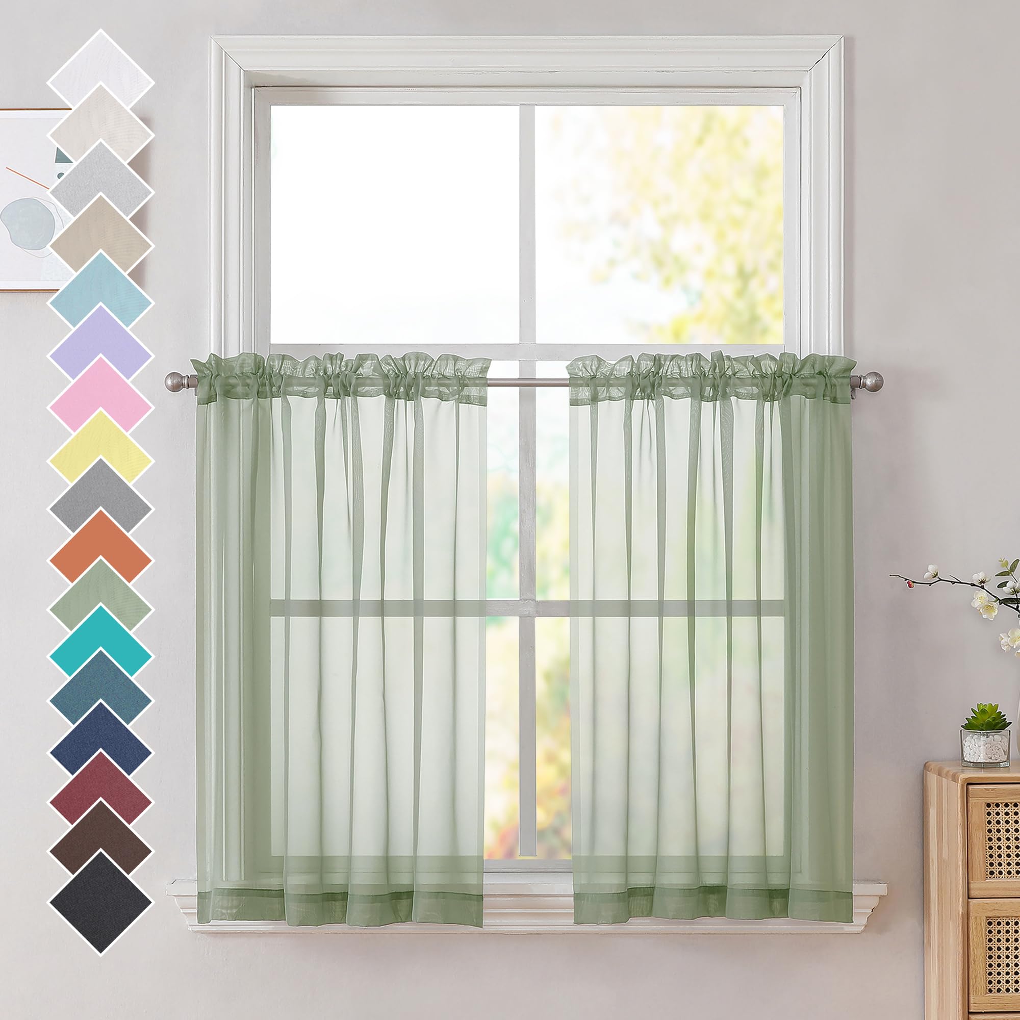 Ovzme Sage Green Sheer Curtains 36 Inches Long, Short Kitchen Window Treatment Solid Sheers Cafe Curtains Bathroom Voile Half Wi