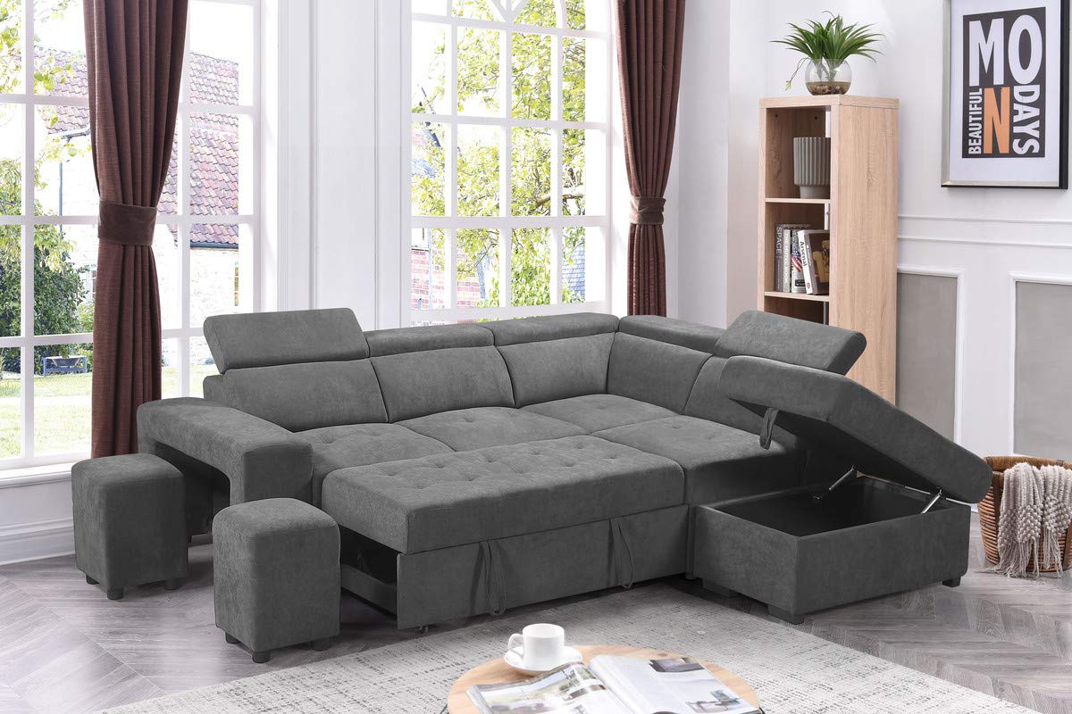 Lilola Home Henrik Light Gray Sleeper Sectional Sofa with Storage Ottoman and 2 Stools