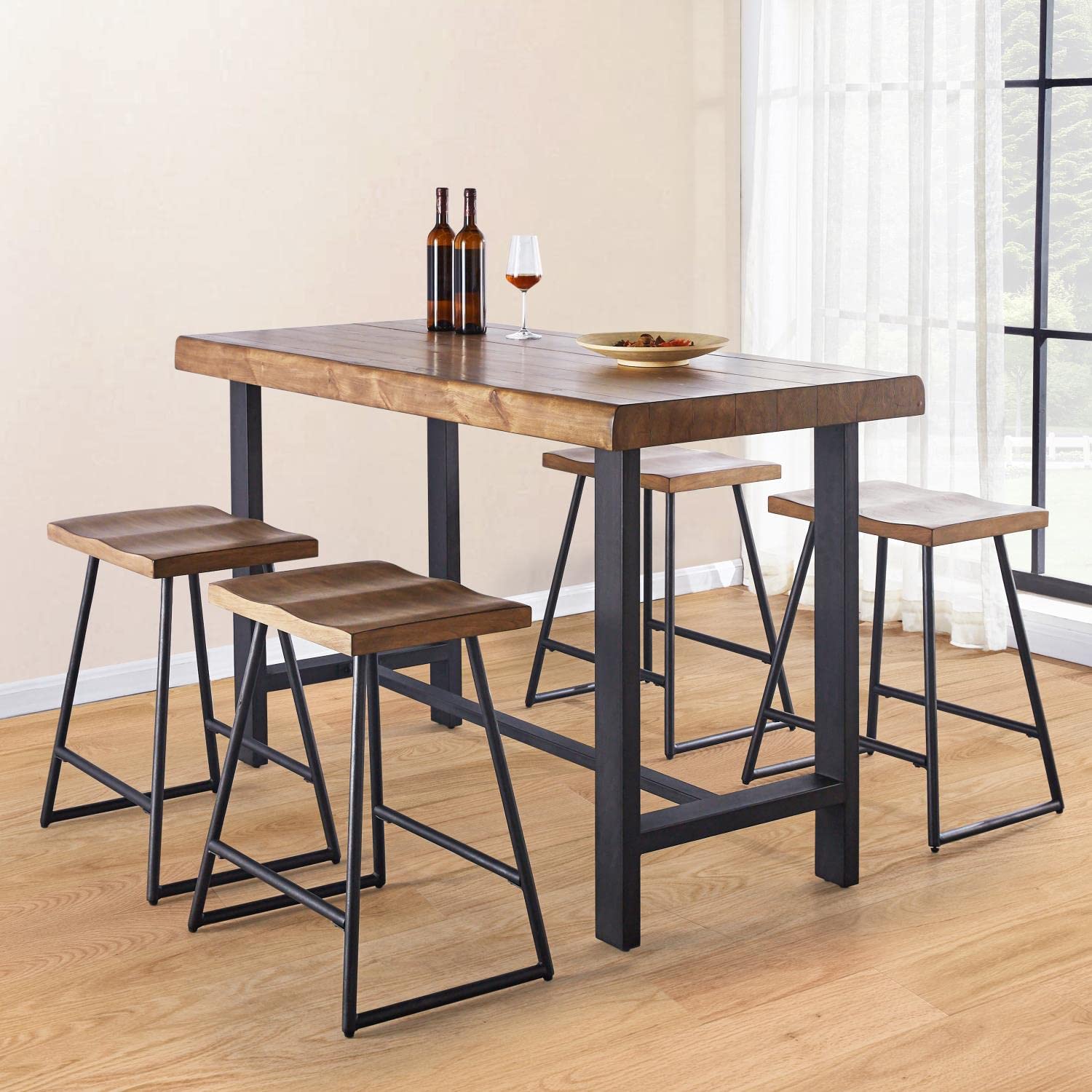 Steve Silver Furniture Landon 5pc Counter Height Dining Set, 60" Table w/ 4 Iron Sled Based Leg Counter Chairs, Dining Room, Rectangular Table, Apartment/Home, 60" L x 30" W x 38" H, Brown