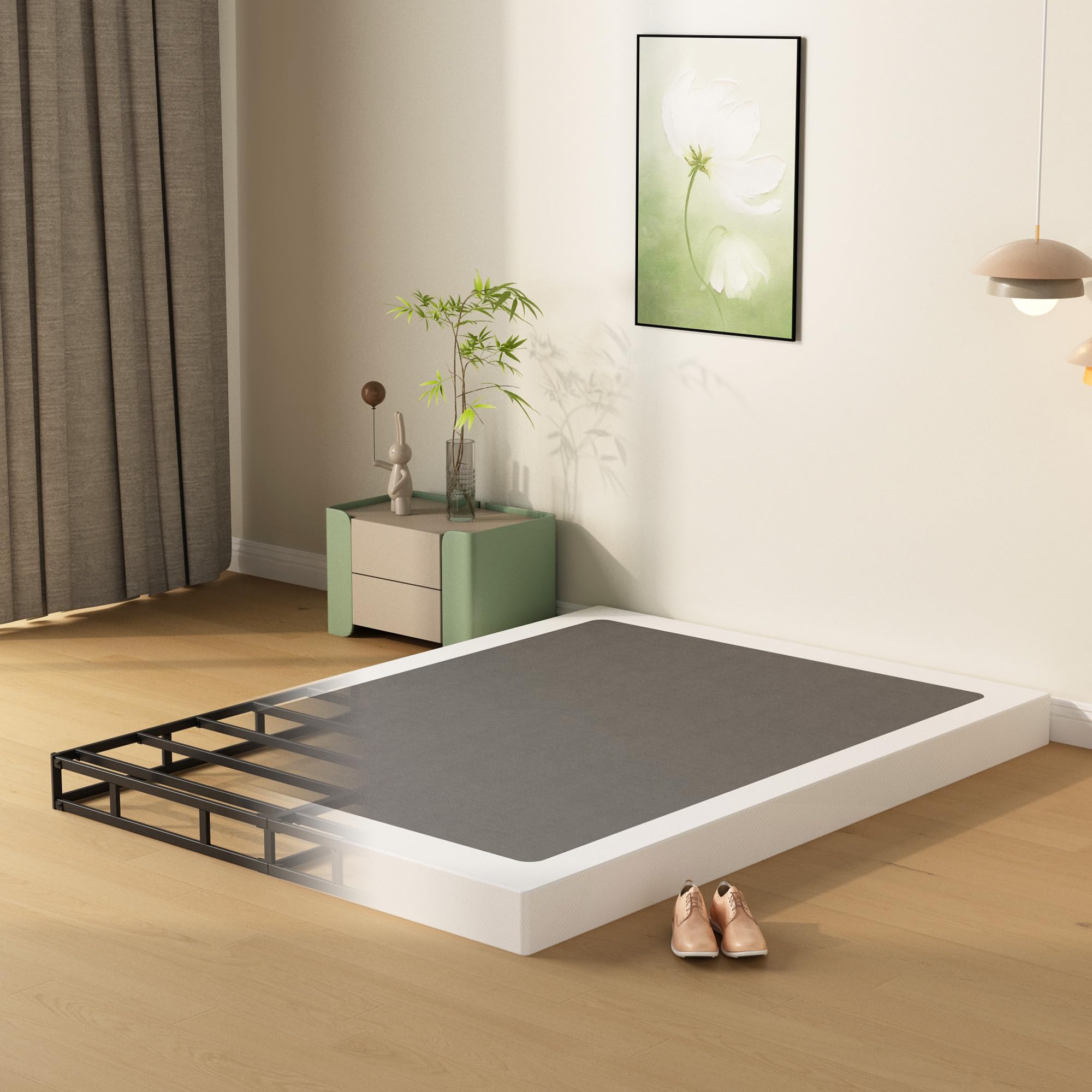 Diaoutro King Size Box Spring, 4 Inch Heavy Duty Bed Base With Fabric Cover, No Noise Mattress Foundation For Bed, Easy Assembly, Black