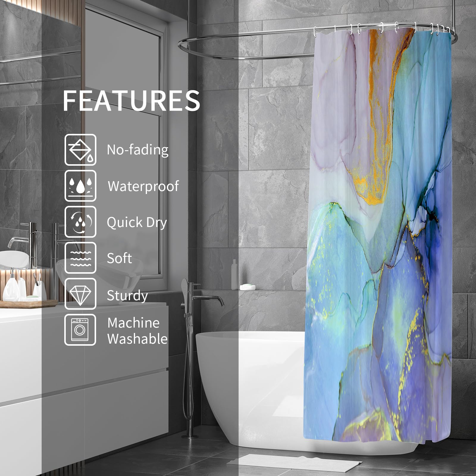 Gibelle Long Shower Curtain 72 X 78, Tall Abstract Marble Fabric Shower Curtain, Blue Purple Jade Texture Gold Stripes Ombre Ink