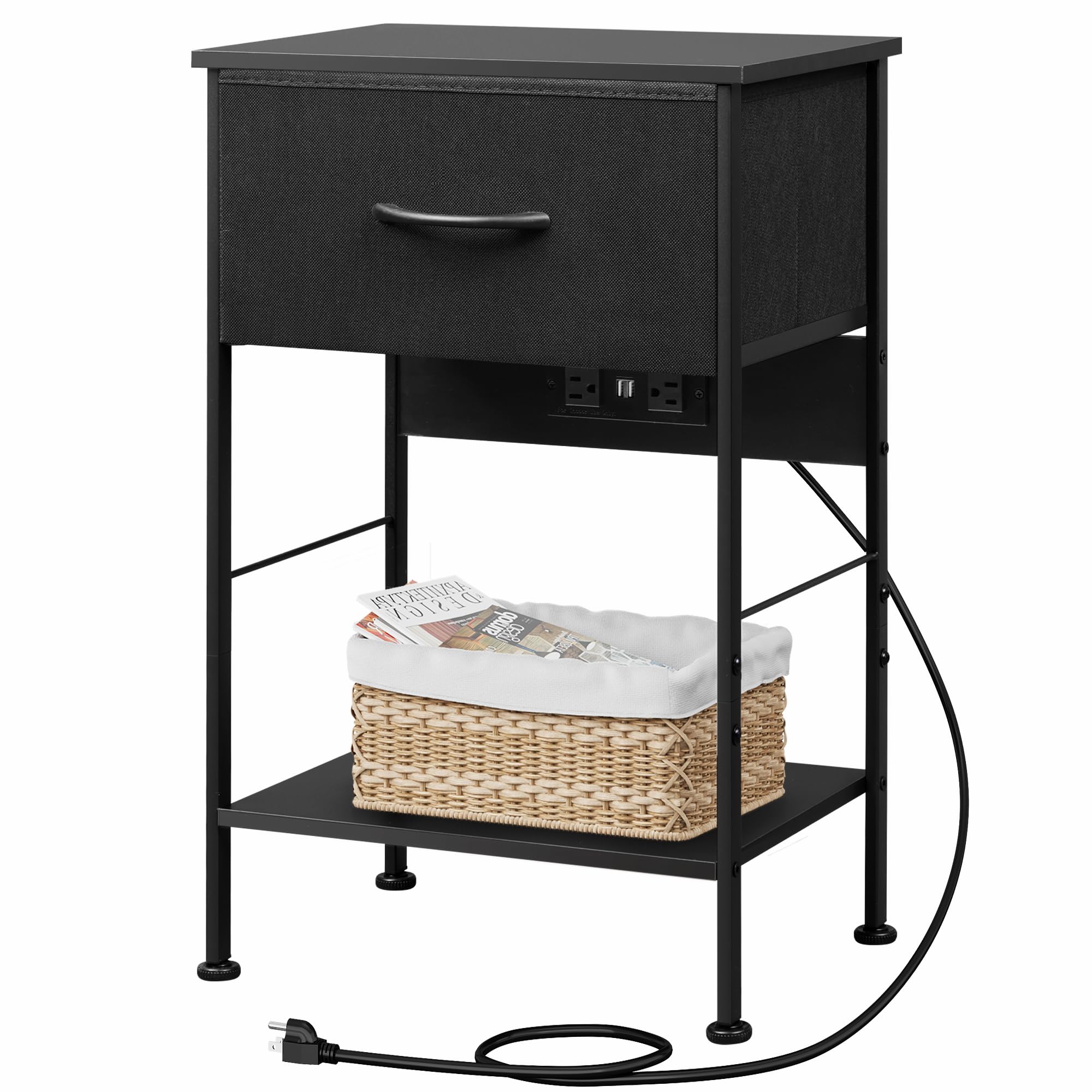 WLIVE Night Stand with Charger Station, Small Nightstand with 1 Fabric Drawer and Open Wood Shelf, 25 H Bedside Table for Bedroo