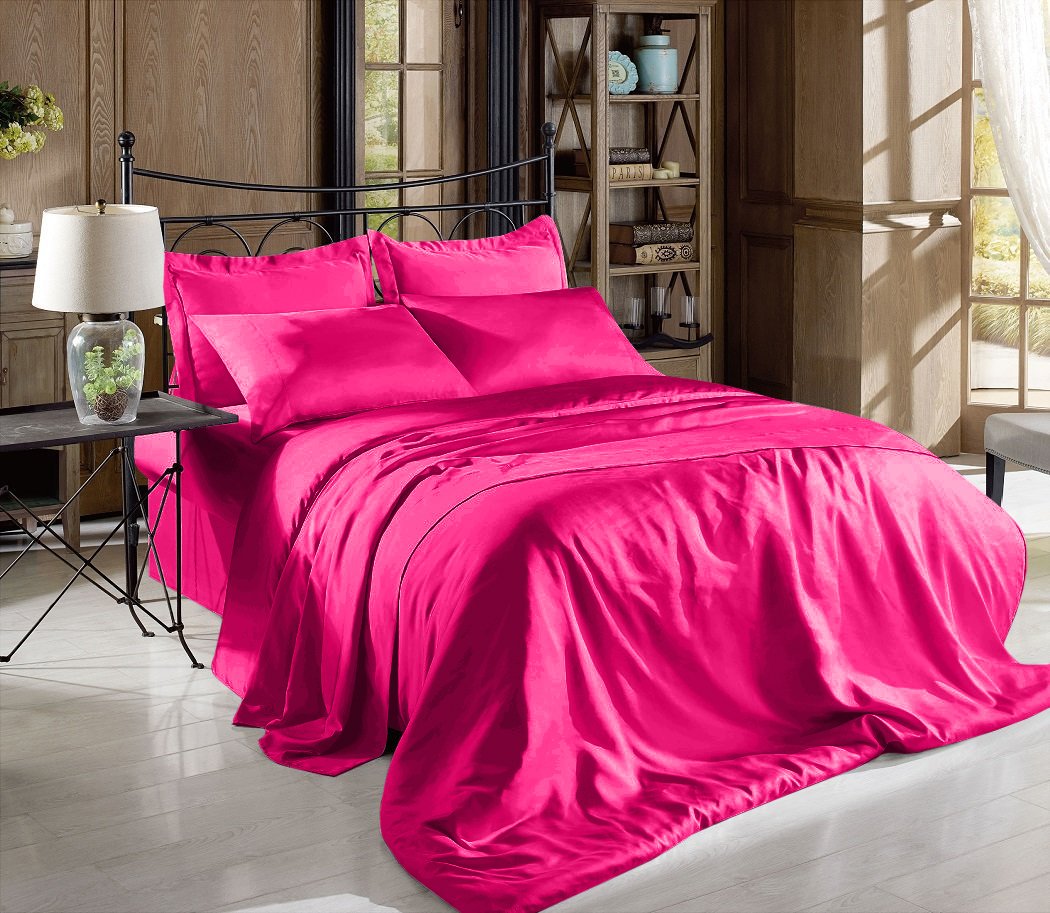 Hight Thread Count Solid Color Soft Silky Charmeuse Satin Luxury And Super Soft Bed Sheet Set (Hot Pink, Queen)