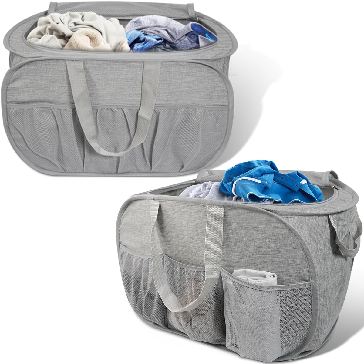 2 Pack Collapsible Laundry Baskets with Lid, Foldable Laundry Basket with Pockets, Pop Up Hamper with Dual Handles, 99L Sturdy H