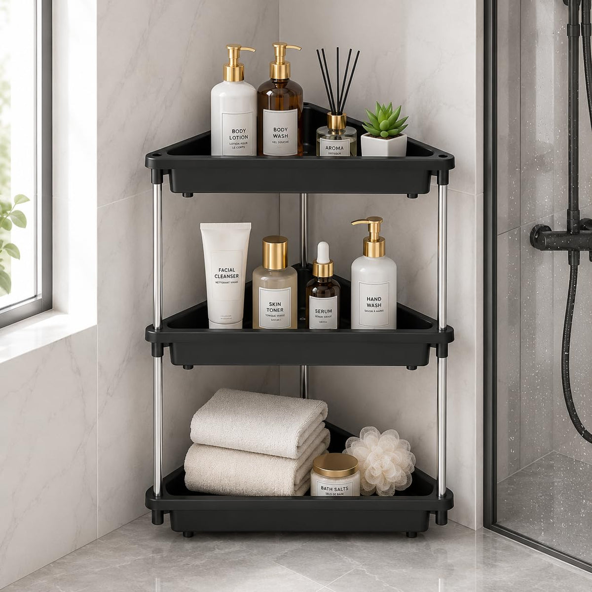 KAVIRA Corner Shelf for Bathroom| Triangle Rack for Storage|Plastic Shelf for Bathroom, Kitchen (Black, 3L)