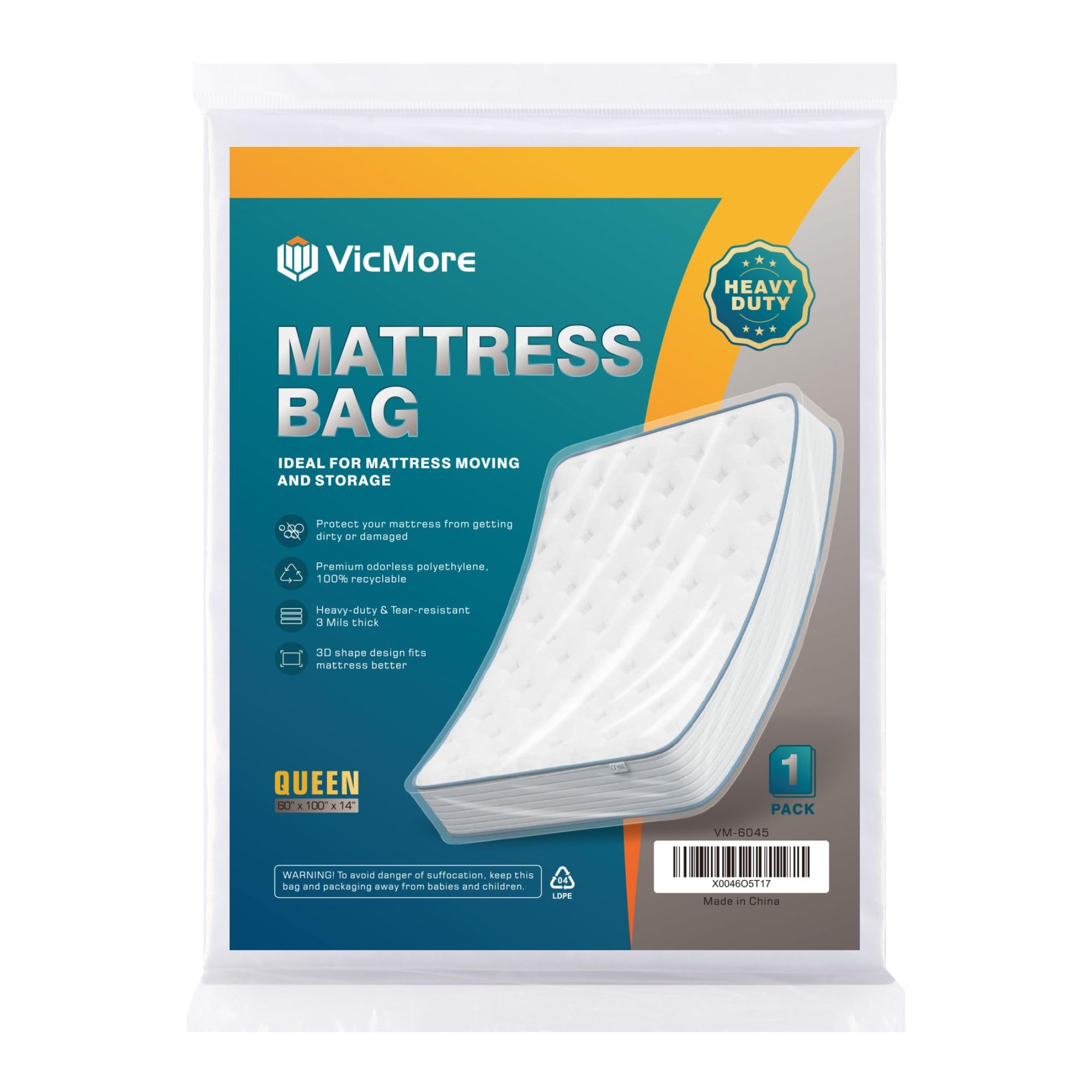 Vicmore Queen Size Heavy-Duty Mattress Bag For Moving & Storage - 3Mil Thick, Tear-Resistant Plastic Mattress Protector Cover, W