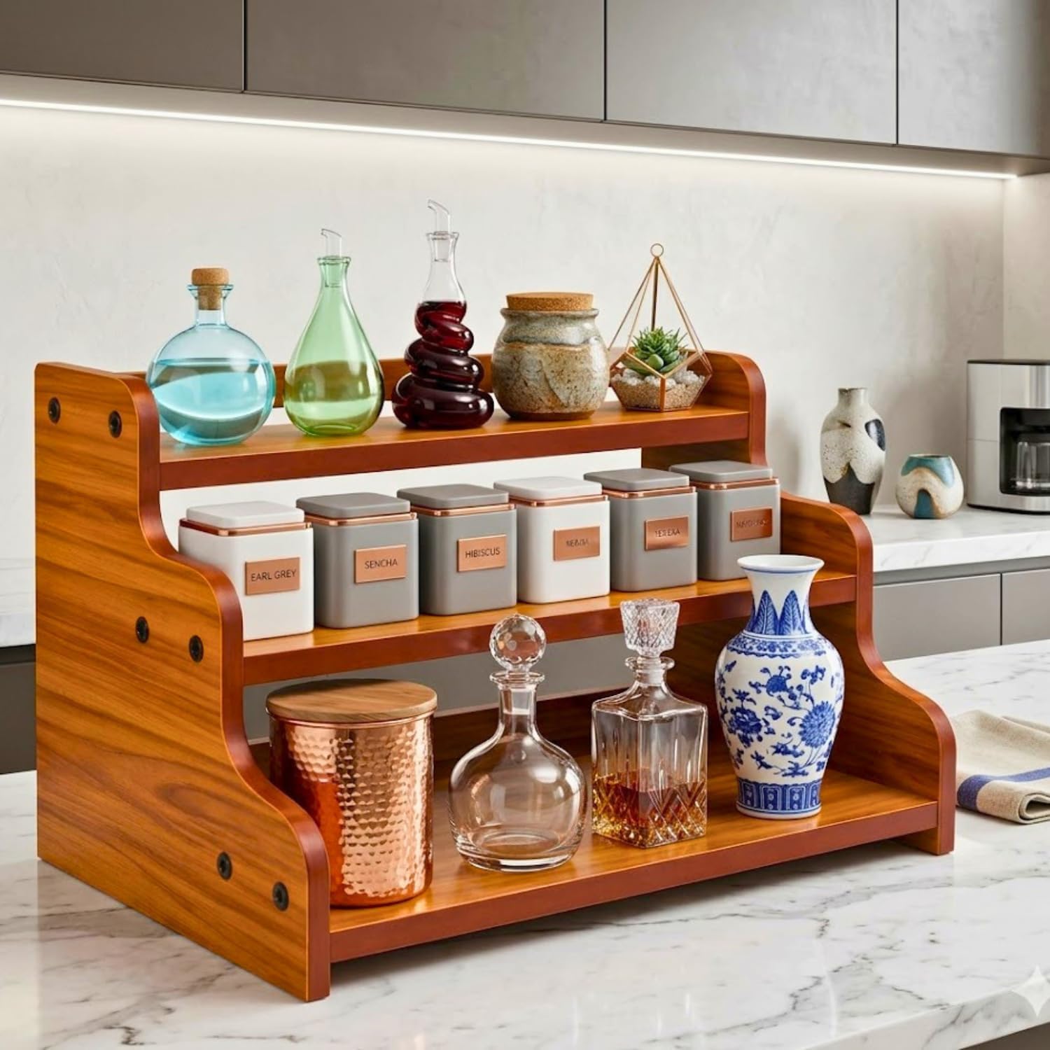 3Tier Wooden Countertop Spice Rack Organiser, Brown