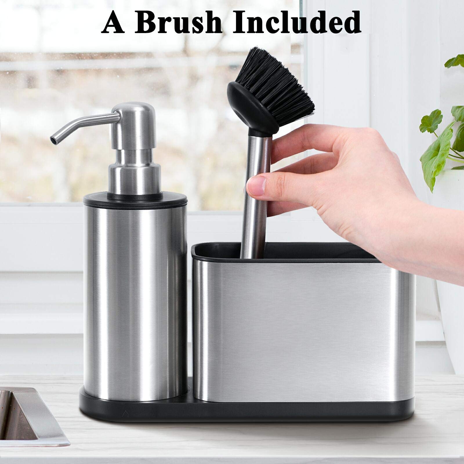 Odesign Bathroom Dish Soap Dispensers With Caddy (A Spare Brush Included) Kitchen Sink Organizer Sponge Holder For Countertop St