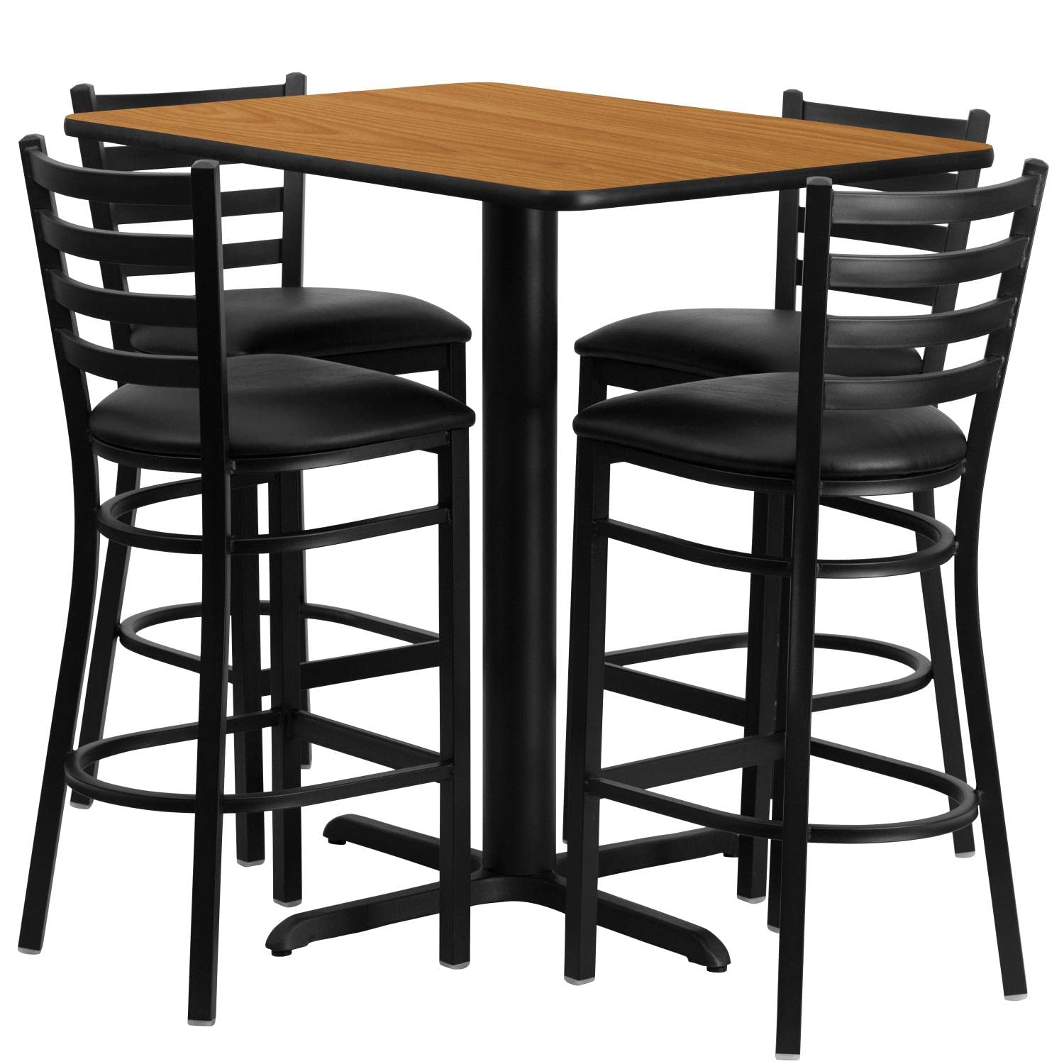 Flash Furniture 24''W x 42''L Rectangular Natural Laminate Table Set with 4 Ladder Back Metal Barstools - Black Vinyl Seat