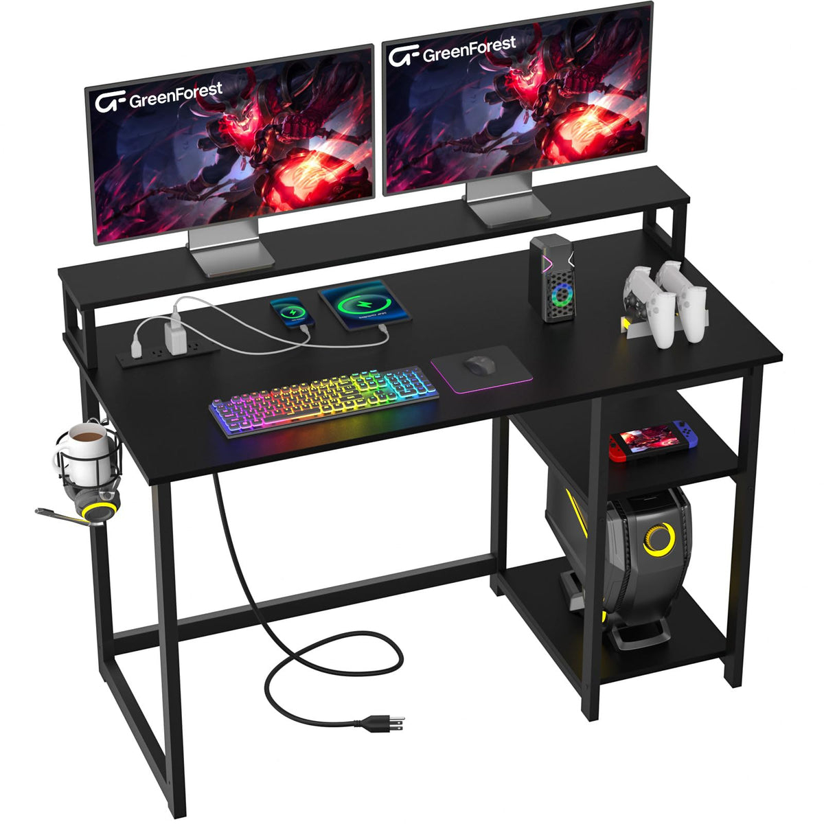 GreenForest Gaming Desk with Power Outlet and USB Charging Port, 47 inch Sturdy Computer Desk for Dual Monitors, Home Office Des