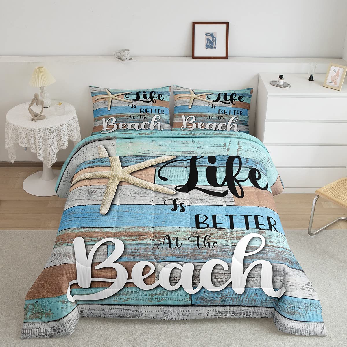 Manfei Beach Starfish Comforter Set King Size, Life Is Better At The Beach Quilt Set With 2 Pillowcases, Rustic Farmhouse Style
