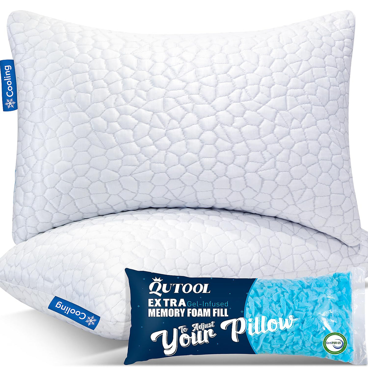 Qutool Cooling Pillows For Sleeping, Memory Foam 2 Pack, Bed Pillows King Size Set Of 2 Gel Infused Adjustable Pillow With Bambo