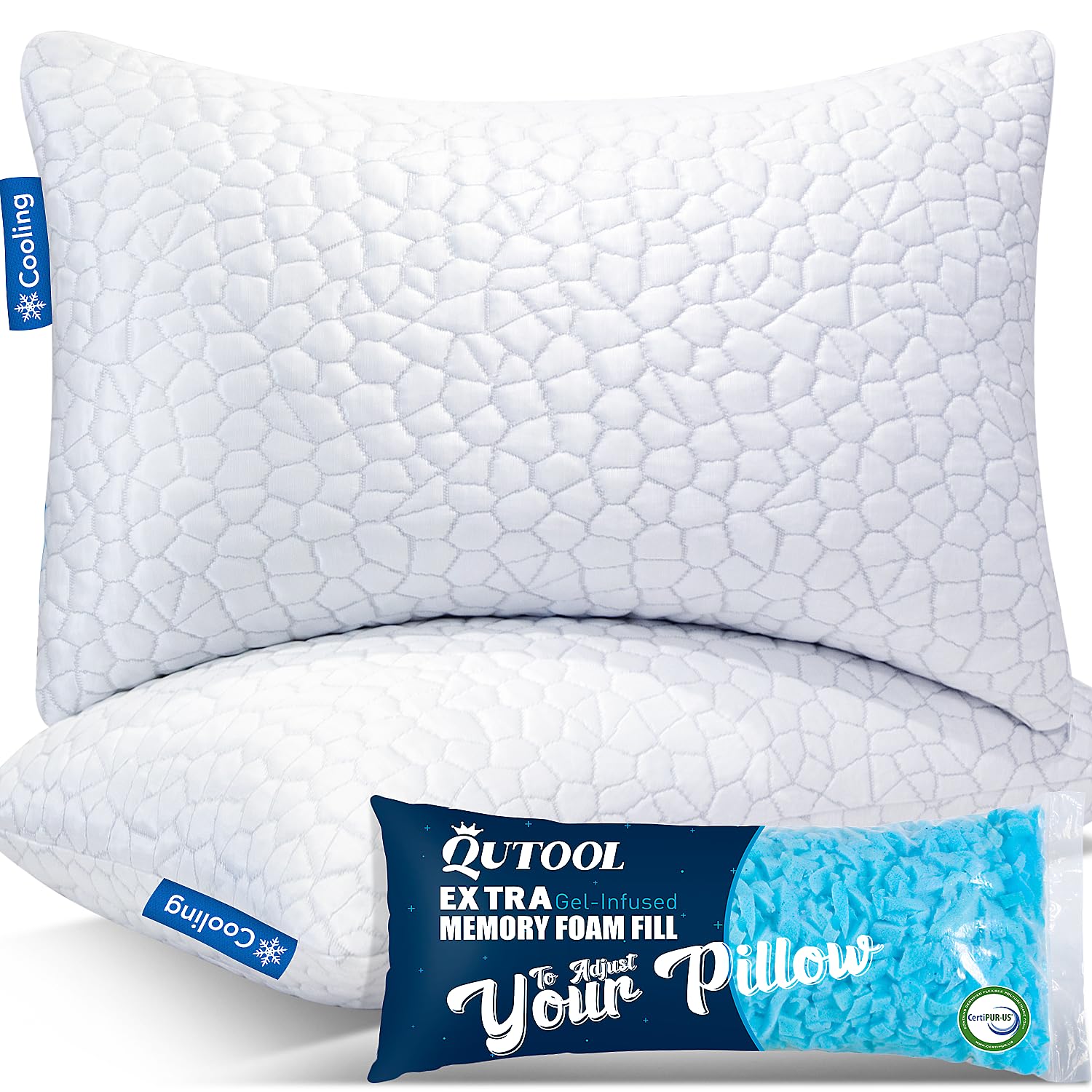 Qutool Cooling Pillows For Sleeping, Memory Foam 2 Pack, Bed Pillows King Size Set Of 2 Gel Infused Adjustable Pillow With Bambo