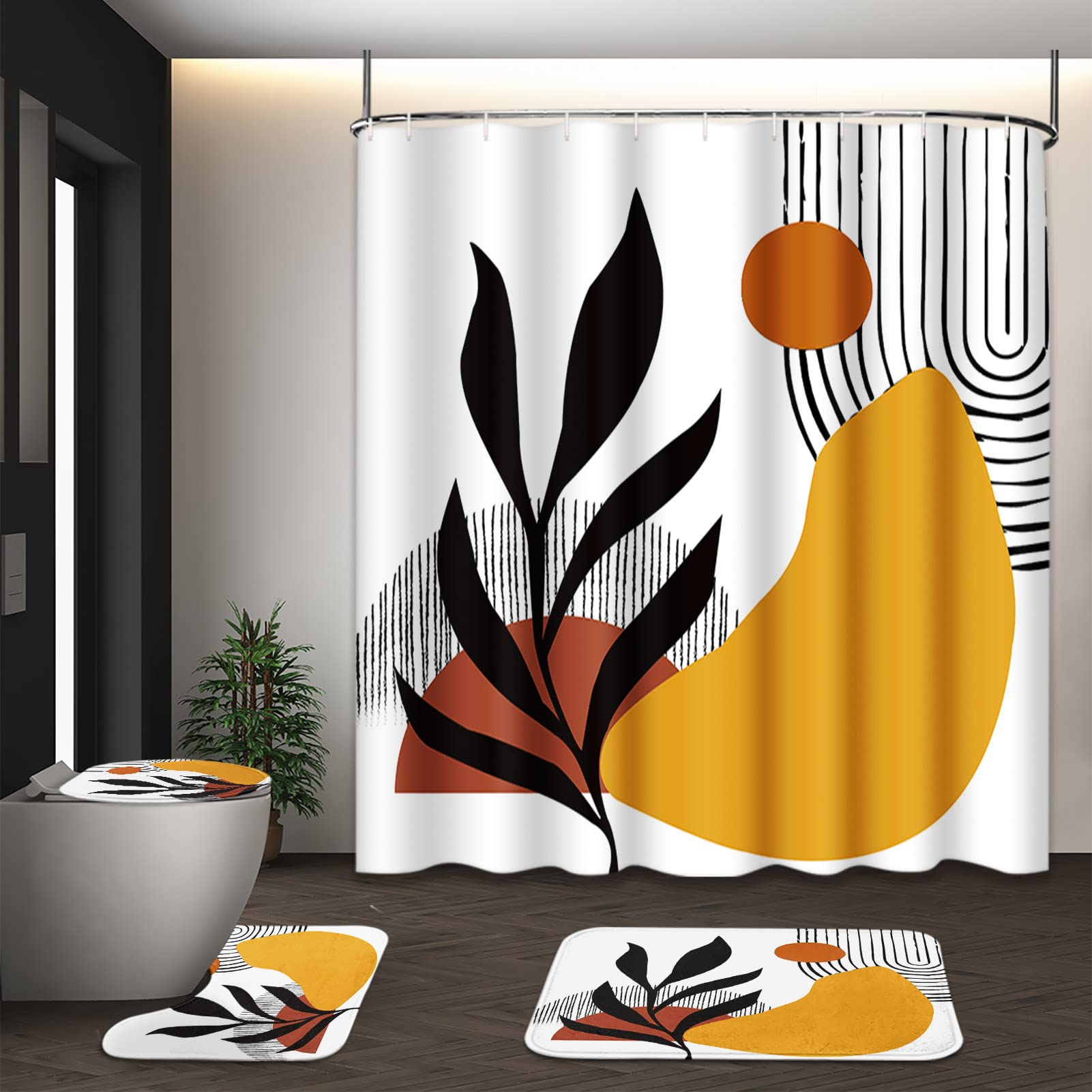 Tayney Boho Mid Century Shower Curtain Set with Toilet Lid Cover and Non-Slip Rugs, Botanical Wall Art 4 Pcs Shower Curtain Set,