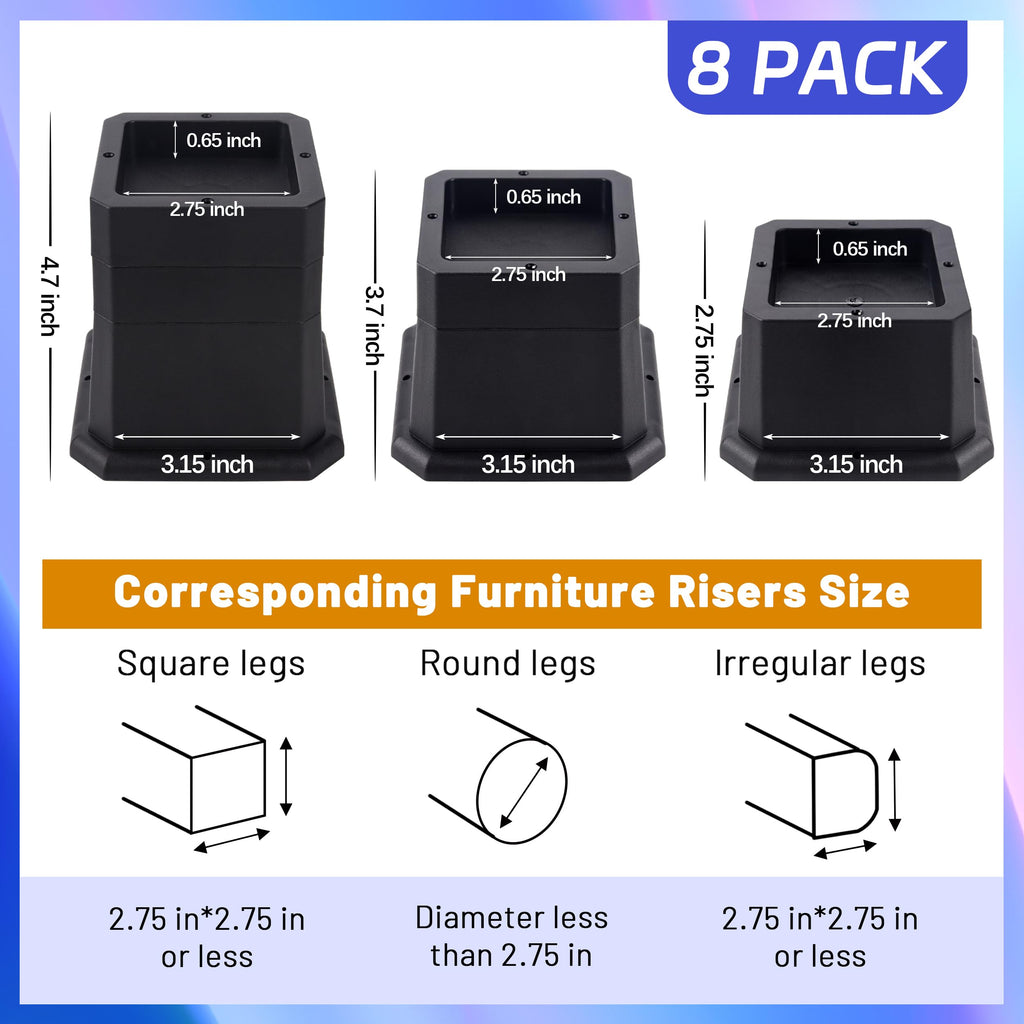 Btsd-Home Furniture Risers 3 Inch Bed Risers Heavy Duty Adjustable Dorm Bed Lifts Risers Table Desks Legs Blocks 8 Pack Black