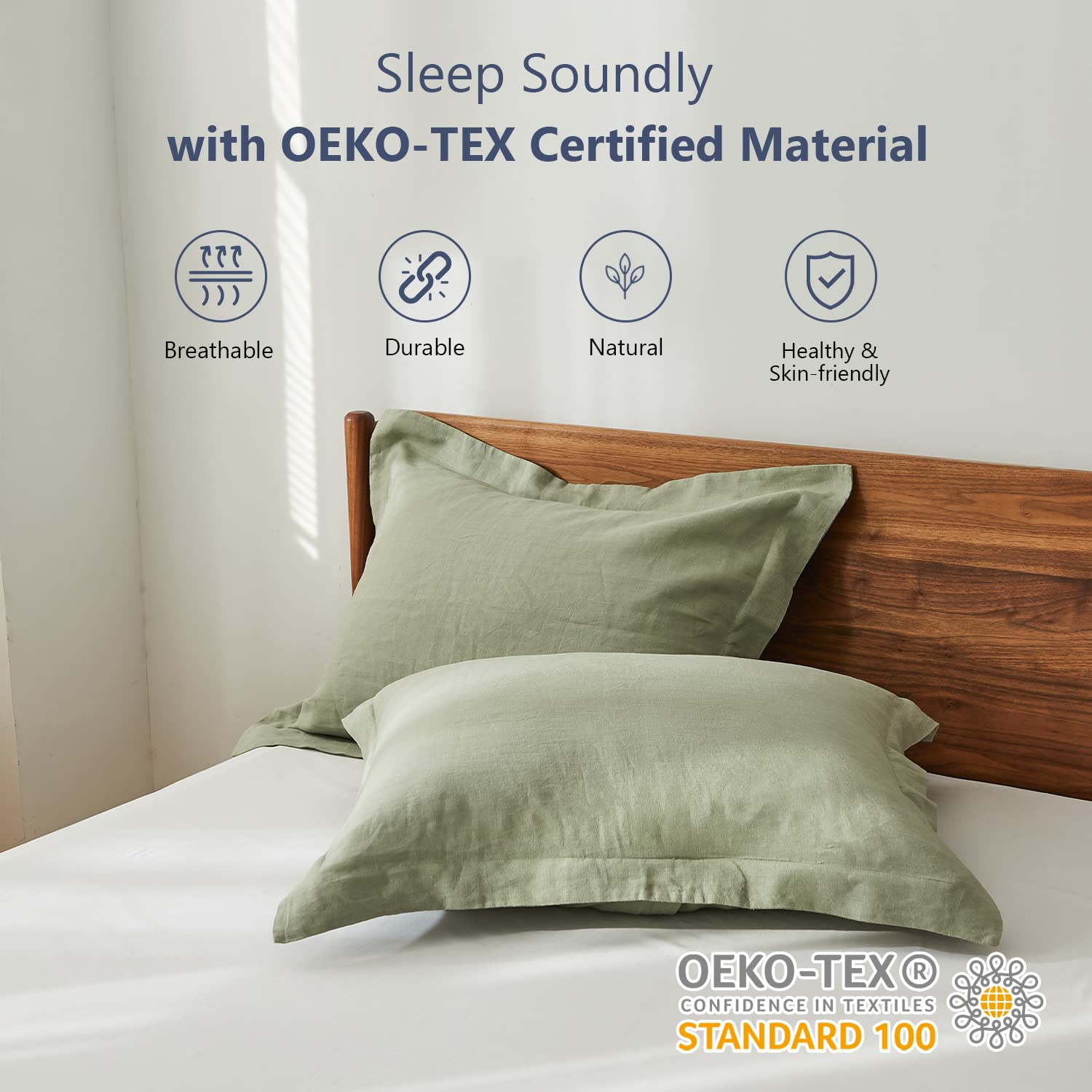 Simple&Opulence 100% Belgian Linen Pillow Shams -Set Of 2, Standard Size - Basic Style Breathable Pure Linen Suitable For Home - Soft And Durable With Envelope Closure (20''X 26'', Sage Green)