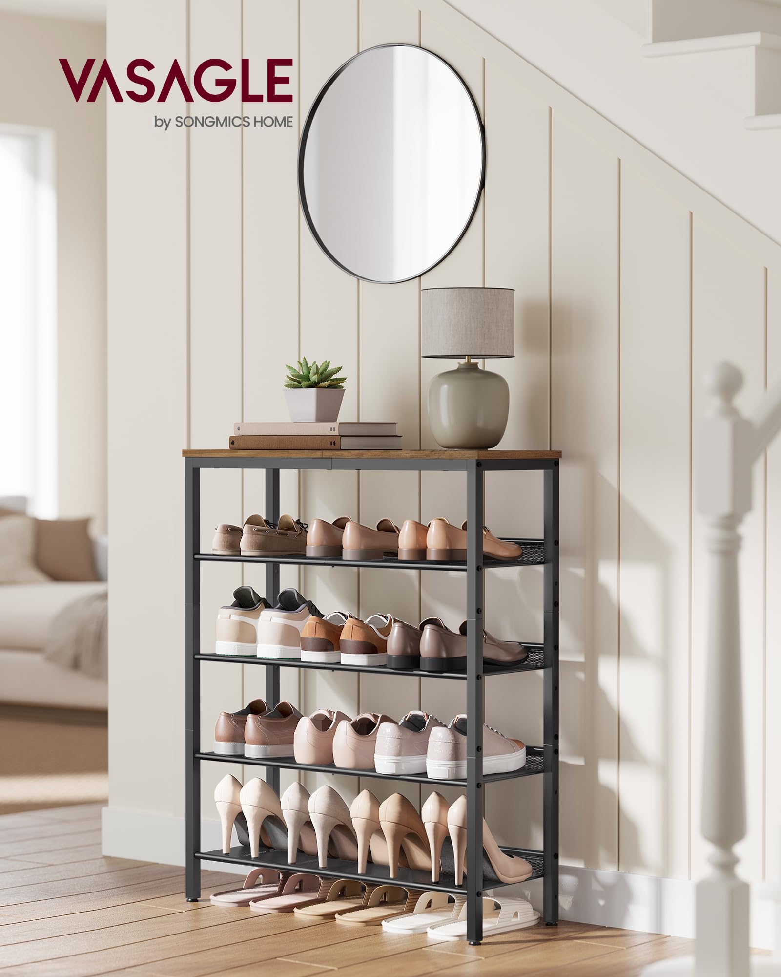 Vasagle Shoe Rack For Entryway, 5 Tier Shoe Storage Shelves, 16-20 Pairs Shoe Organizer, With Sturdy Wooden Top And Steel Frame, Free Standing, Industrial, Honey Brown And Ink Black Ulbs038K01