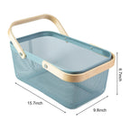 Macoior Portable Garden Harvest Basket-Mesh Design Natural Bamboo Handle Wire Storage Baskets,Mesh Basket With Handle Organize Items Reduce Space Occupation,Suitable For Kitchen,Garden,Picnic(Blue)