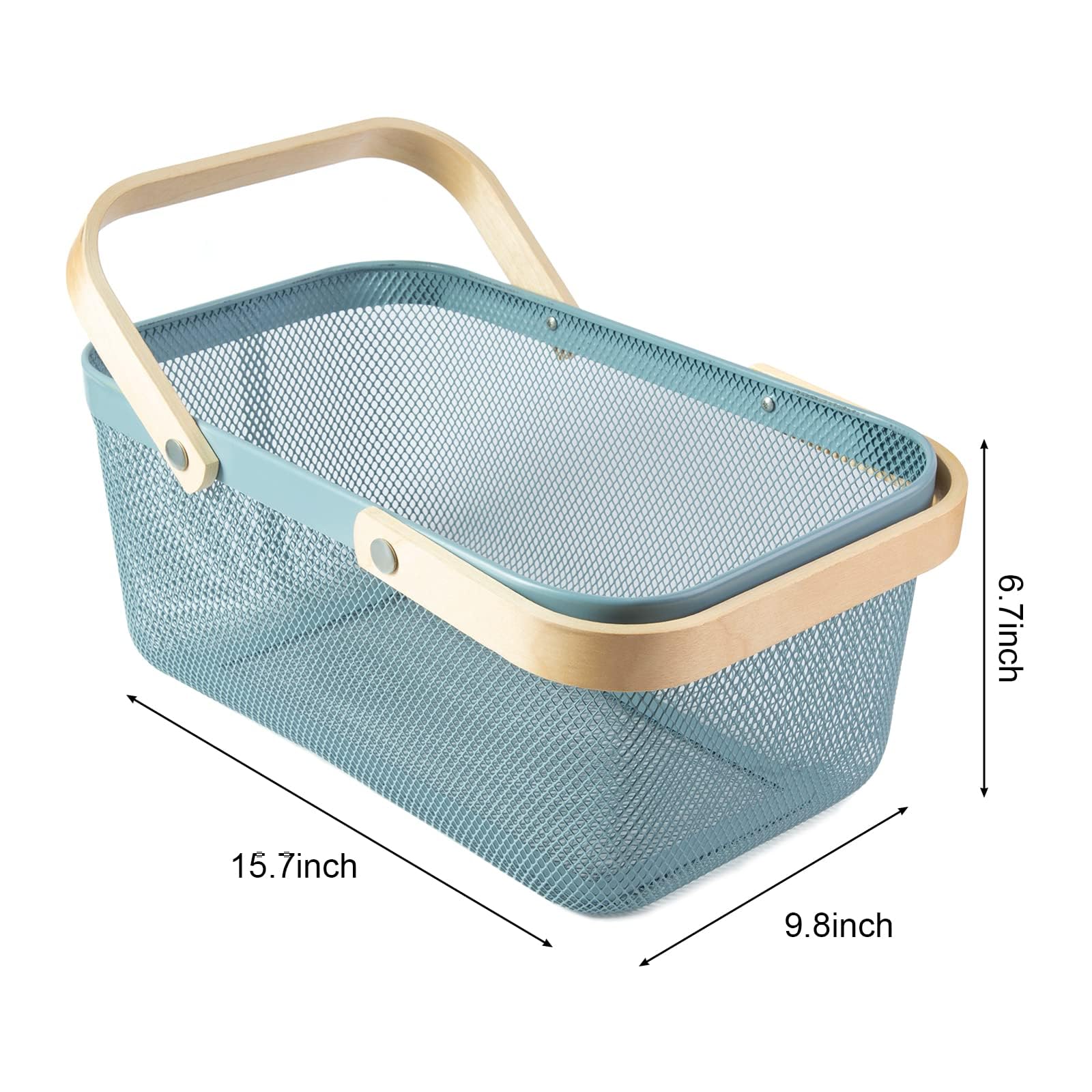 Macoior Portable Garden Harvest Basket-Mesh Design Natural Bamboo Handle Wire Storage Baskets,Mesh Basket With Handle Organize Items Reduce Space Occupation,Suitable For Kitchen,Garden,Picnic(Blue)