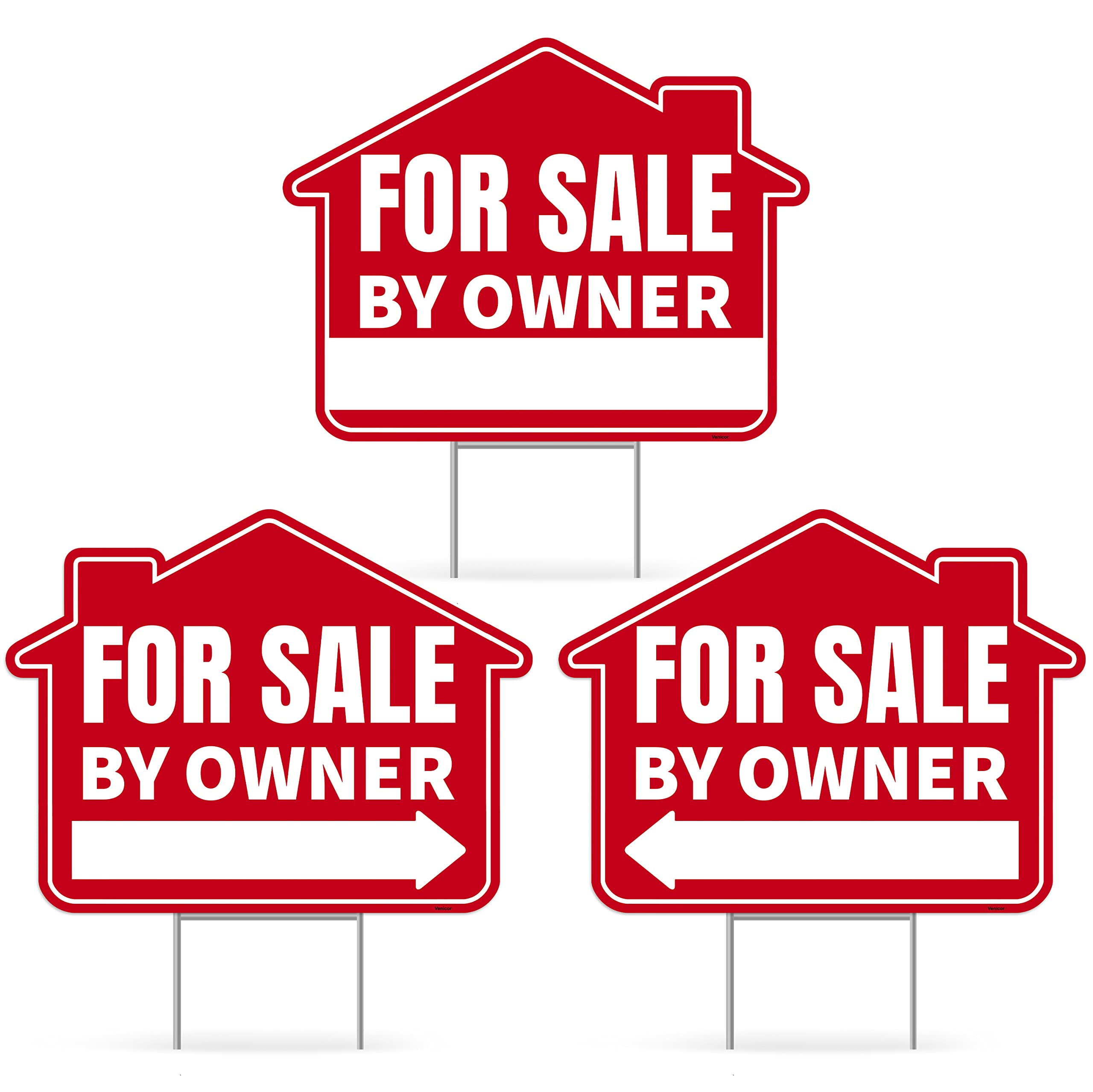 3Pc For Sale By Owner Sign With Stakes, 17 Inches By 13 Inches - Double Sided Signs - Corrugated Plastic - Fsbo Yard Sign For Ho