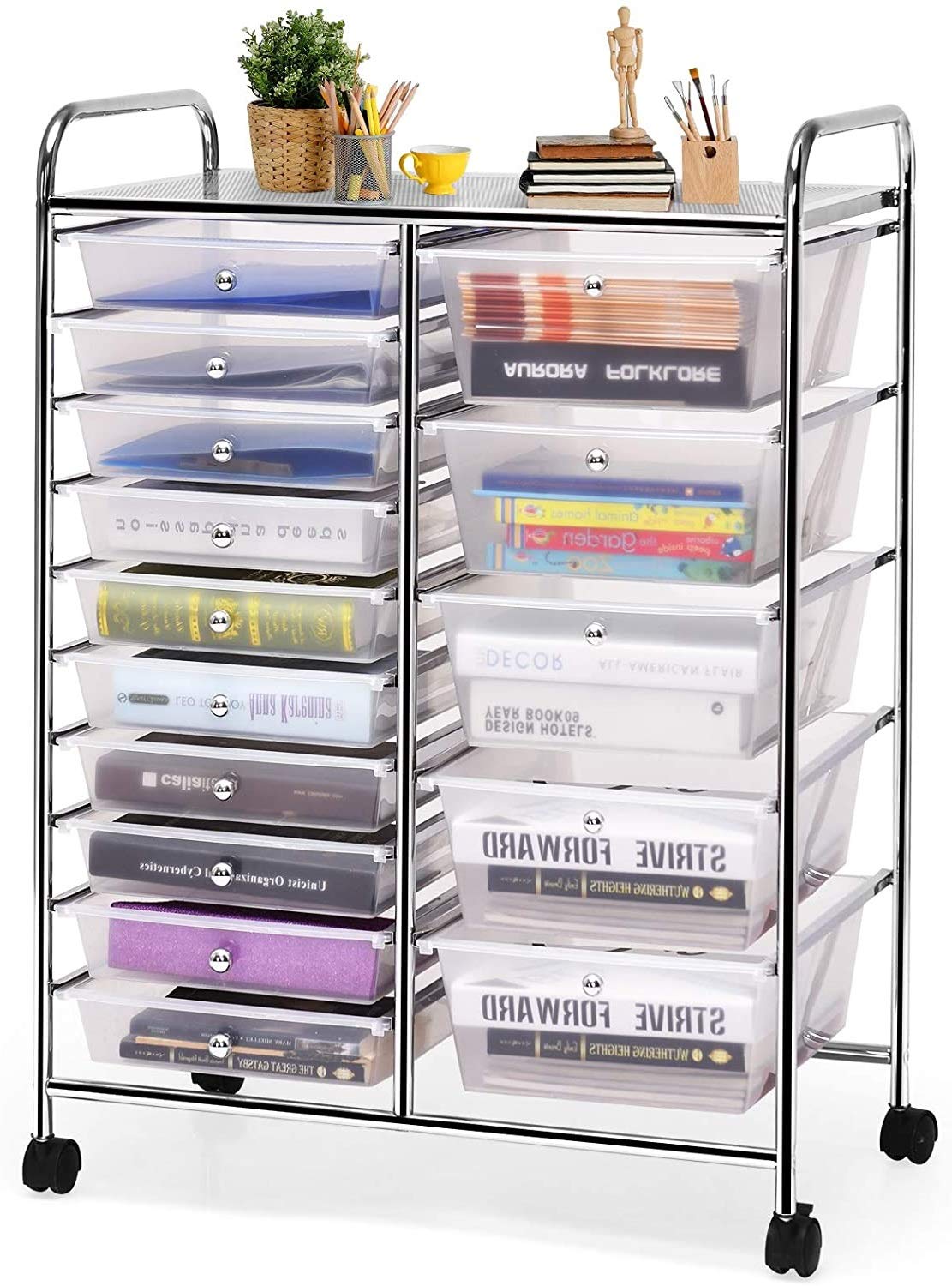 Happygrill 15 Drawer Storage Drawer Cart Organizer Cart Tools Office School Utility Cart Paper Organizer Rolling Storage Cart With Wheels