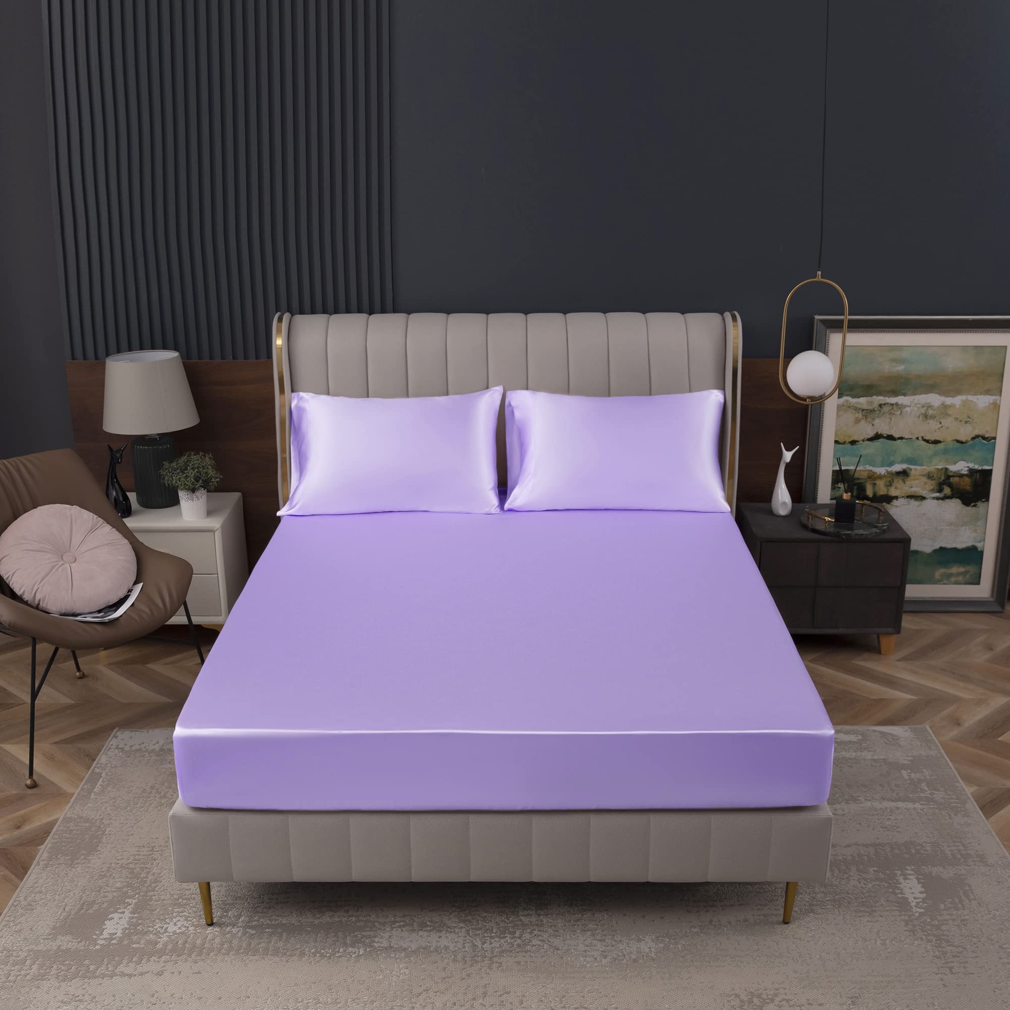 Homiest Lavender Satin Fitted Sheet King Size Fitted Bed Sheet, Deep Pocket Fitted Sheet Only, Luxury & Ultra Soft Bedding Fitted Sheet Single Bottom Bed Sheets Sold Separately