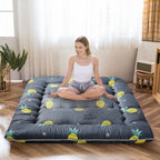 Grey Pineapple Japanese Floor Futon Mattress, Tatami Floor Mat Portable Camping Mattress Kids Sleeping Pad Foldable Roll Up Floor Lounger Couch Bed Full Size With Mattress Protector Cover