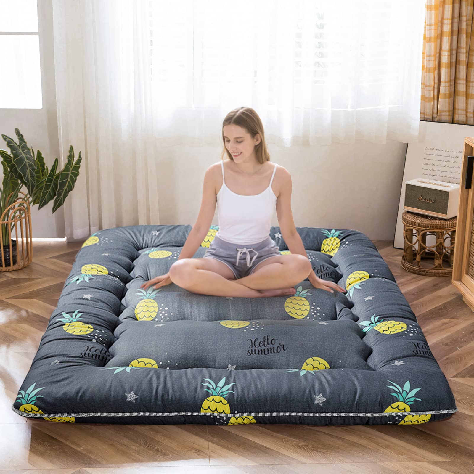 Maxyoyo Grey Pineapple Japanese Floor Futon Mattress, Tatami Floor Mat Portable Camping Mattress Kids Sleeping Pad Foldable Roll Up Floor Lounger Couch Bed Twin Size With Mattress Protector Cover