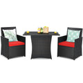 Tangkula 3 Pieces Patio Dining Set, Space-Saving Pe Rattan Bistro Set With Tempered Glass Top Table And Cushioned Chairs, Outdoor Conversation Set For Garden Backyard Poolside Porch (Red)
