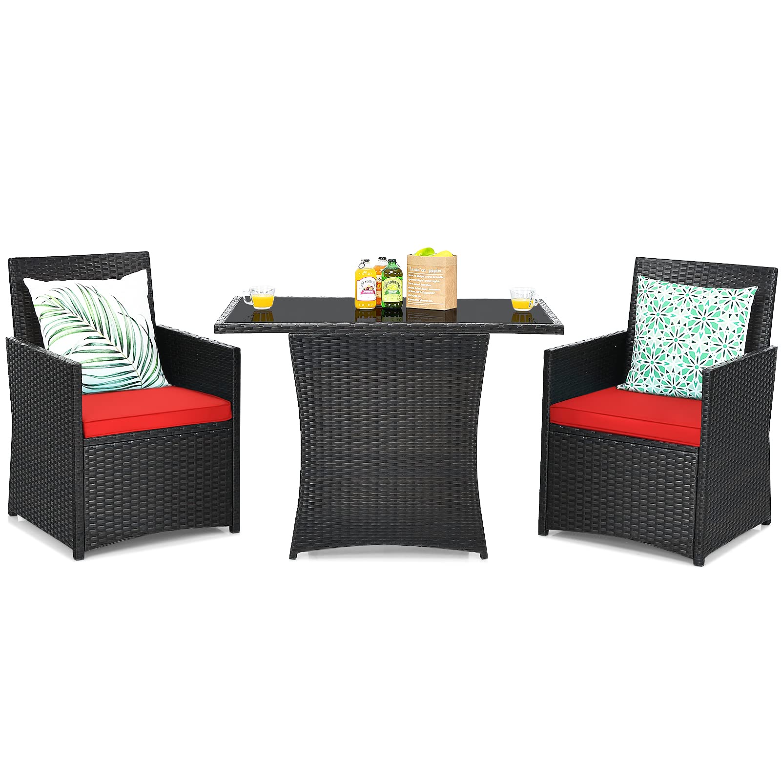Tangkula 3 Pieces Patio Dining Set, Space-Saving Pe Rattan Bistro Set With Tempered Glass Top Table And Cushioned Chairs, Outdoor Conversation Set For Garden Backyard Poolside Porch (Red)