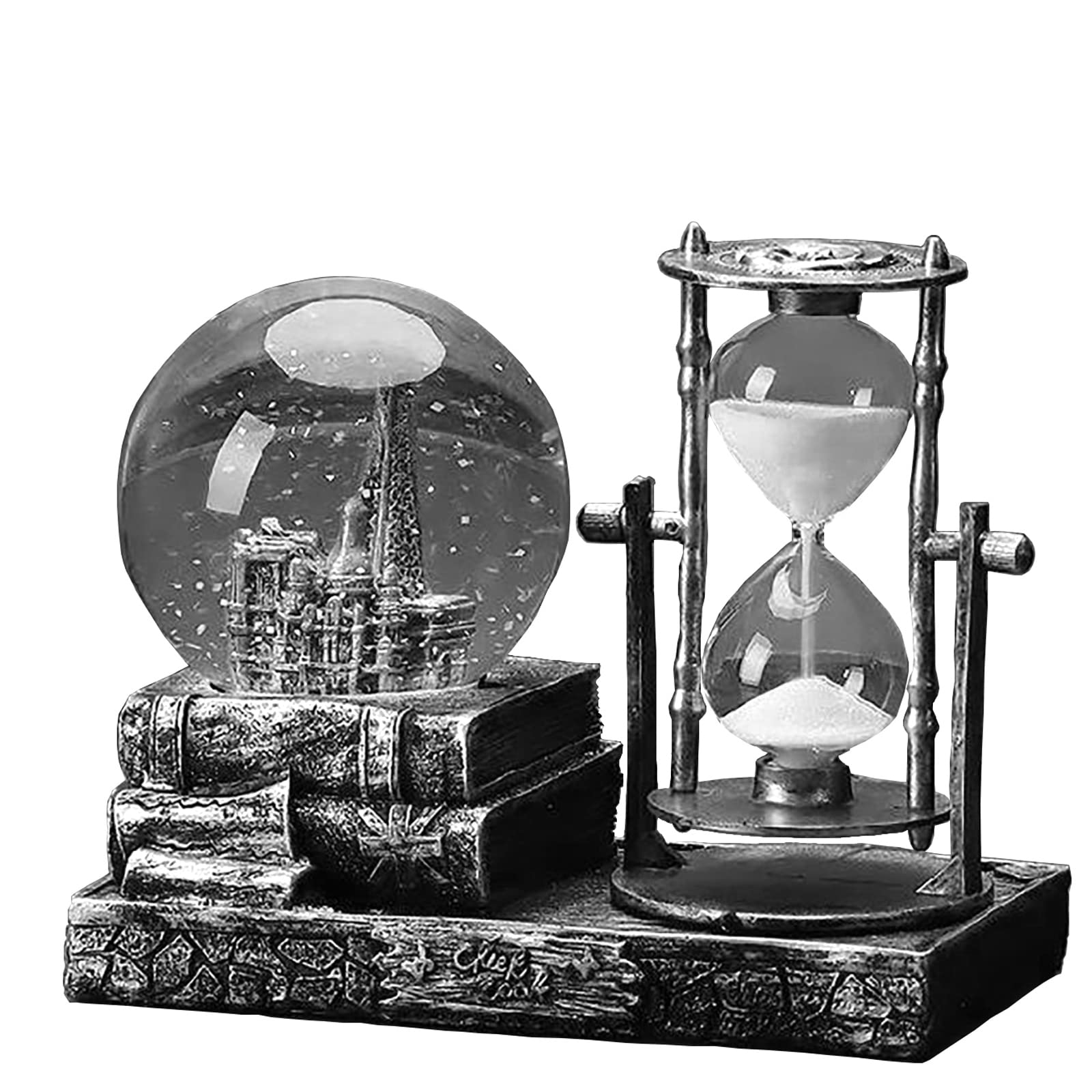 LED Music Snow Globe with Hourglass Vintage Castle Paris Eiffel Tower Home Decoration for Living Room Bedroom Book Shelf TV Cabi