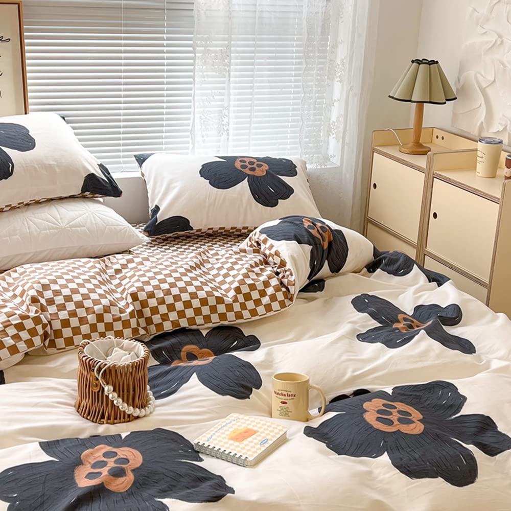 Clothknow Black Sunflower Comforter Set King Beige White Bedding Comforter Sets King Botanical Bed Comforter Black White Bedding Sets Pumpkin Grid Comforter 3Pcs Beige Bed Comforter Sets