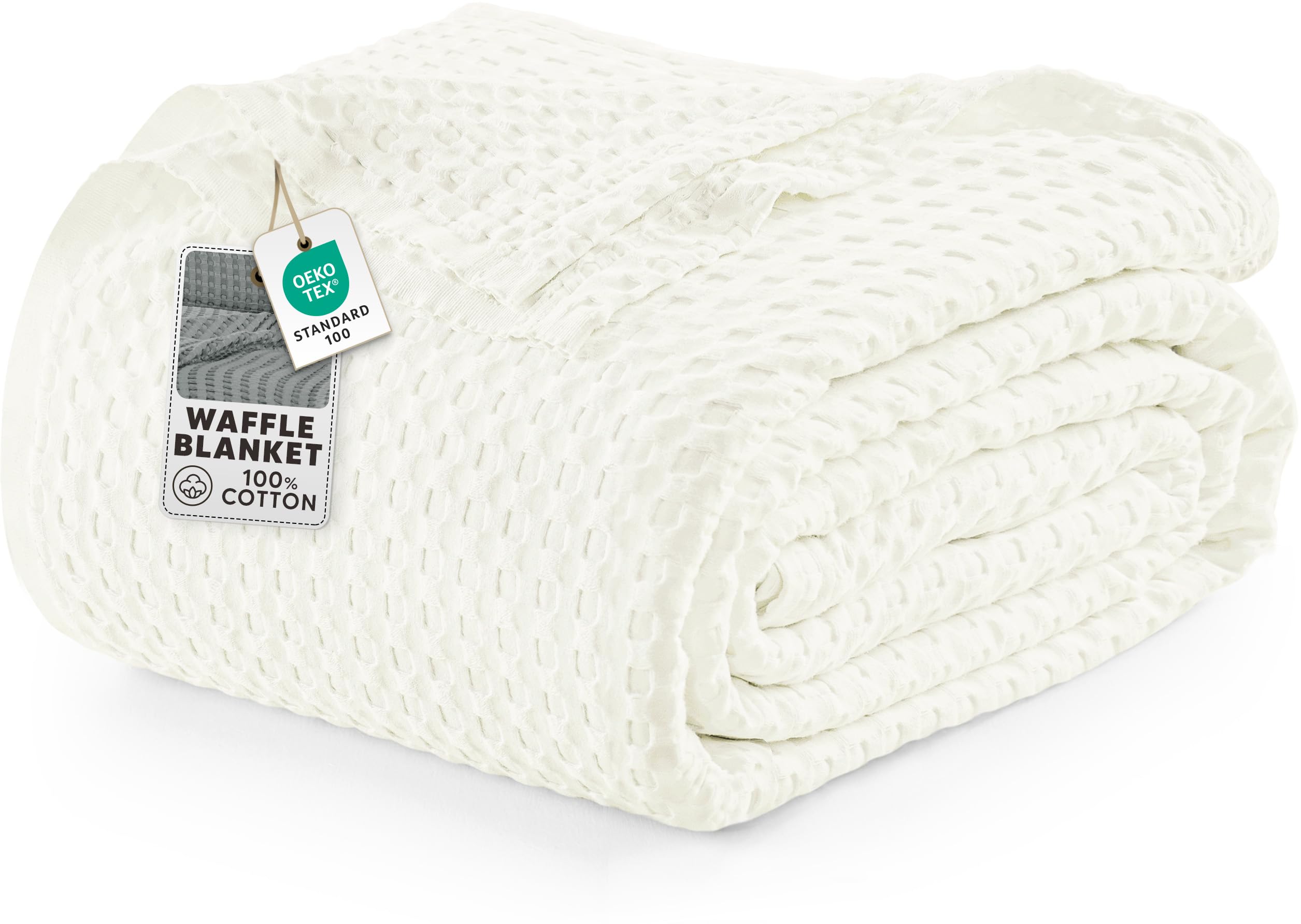 Utopia Bedding Ivory 100% Cotton Waffle Blanket 300 GSM [Queen - 90x90 Inch] Soft Lightweight Breathable Bed Blanket for All Sea