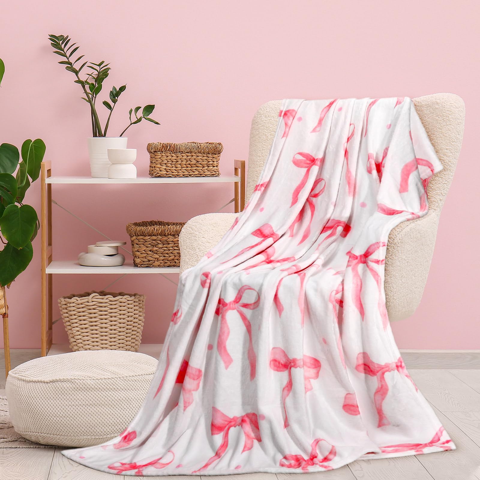 Jansun Bow Blanket Pink Bows Soft Throw Blanket Cute Pink Halloween Bow Preppy Stuff Blanket Plush Sofa Couch Bed Gift for Prepp
