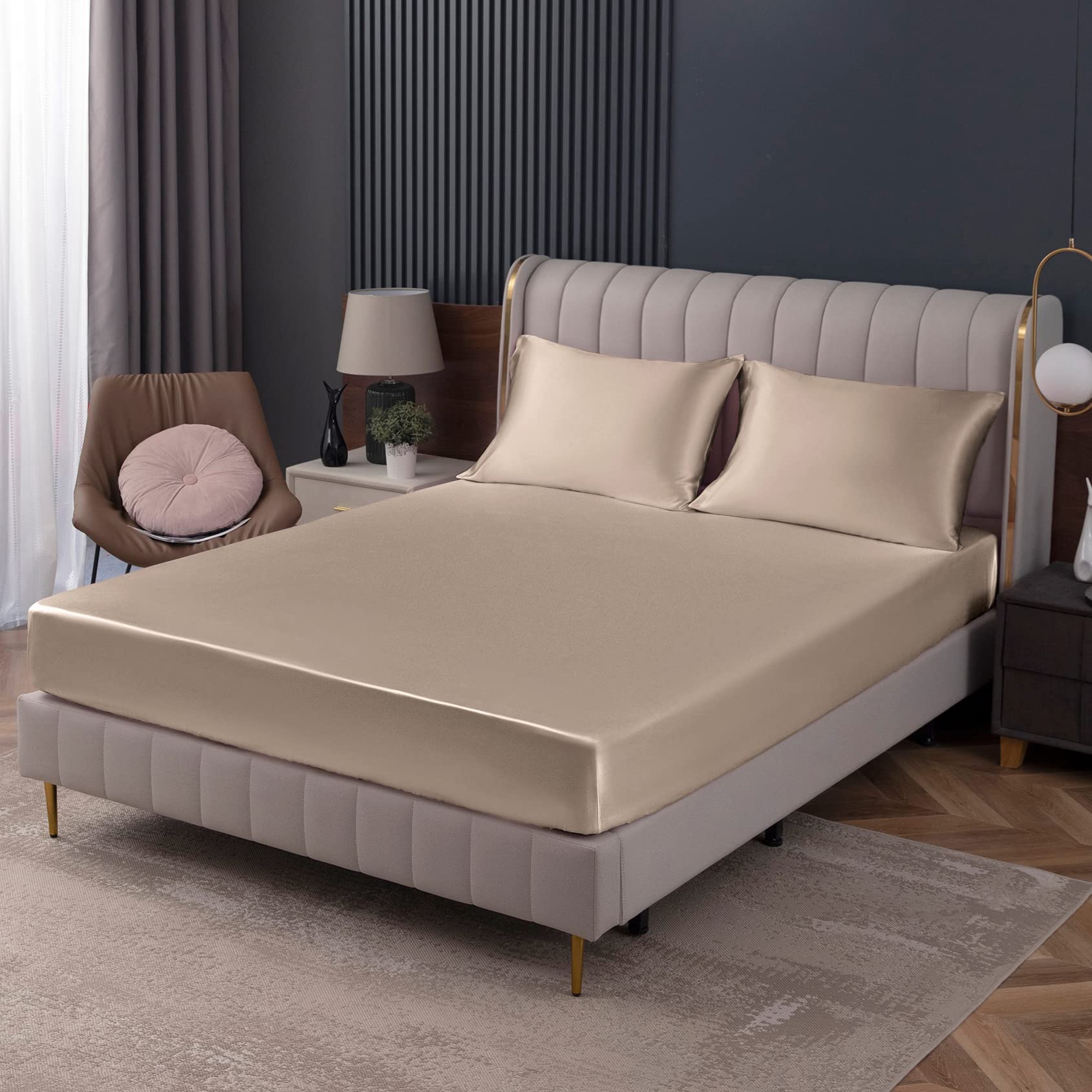 Homiest Taupe Satin Fitted Sheet King Size Fitted Bed Sheet, Deep Pocket Fitted Sheet Only, Luxury & Ultra Soft Bedding Fitted Sheet Single Bottom Bed Sheets Sold Separately