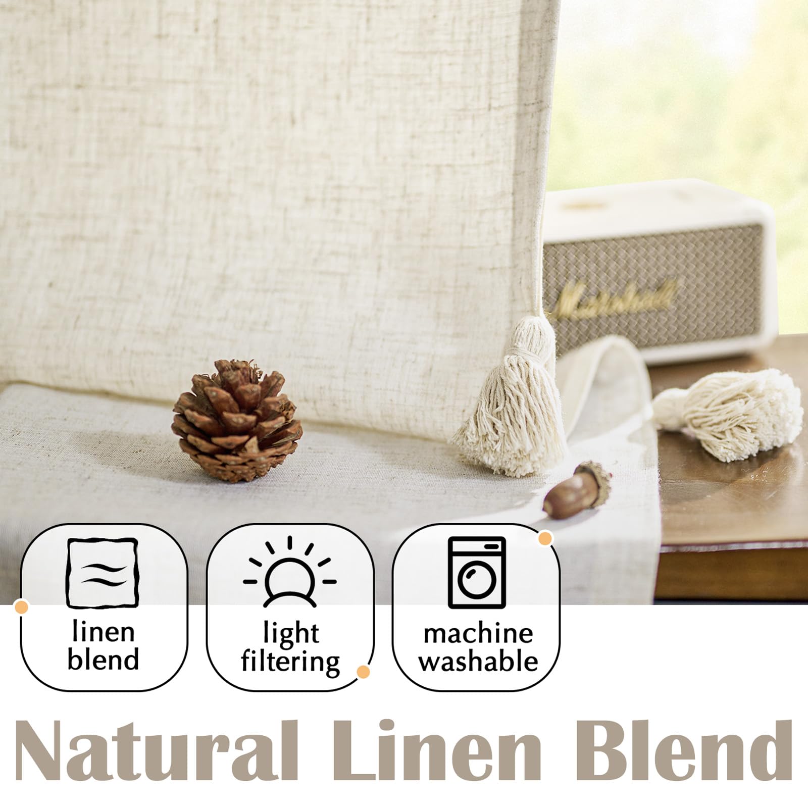 Jinchan Linen Curtains With Tassels Curtains For Living Room 96 Inches Long Boho Curtains Rod Pocket Back Tab Pom Poms Linen Farmhouse Bedroom Curtains Semi Sheer 2 Panels Ecru Window Curtain Set