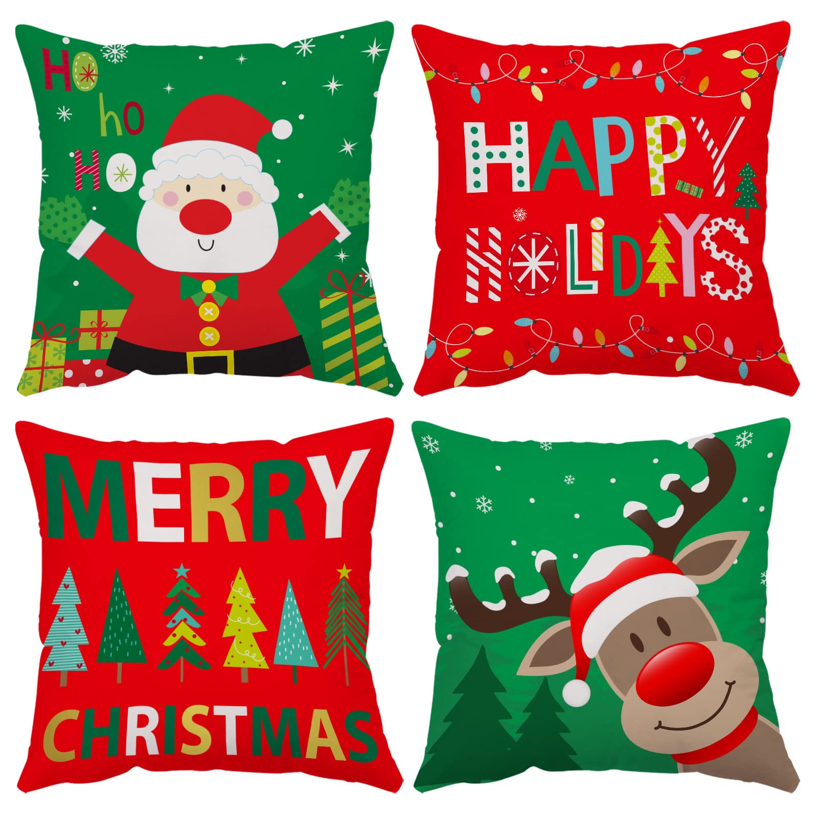 Merry Christmas Pillow Covers 18X18 Set Of 4 Velvet Christmas Pillow Cases Red Green Xmas Holiday Throw Pillow Covers Soft Chris