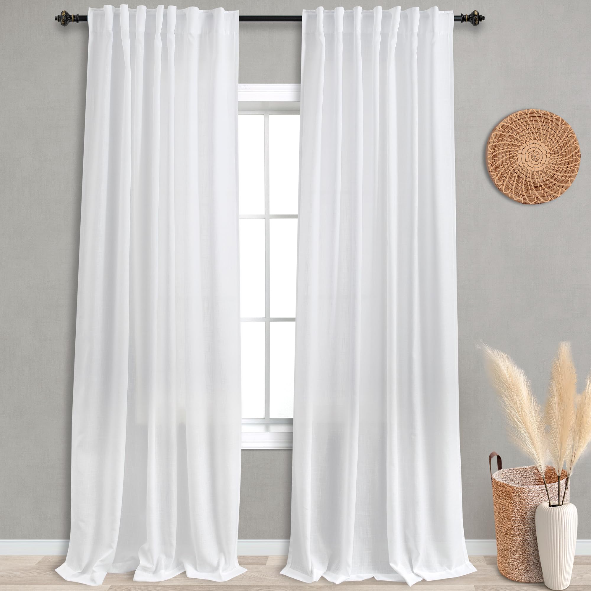 KOUFALL White Sheer Curtains 108 Inches Long for Living Room 2 Panels Set Back Tab Rod Pocket Semi Privacy Light Filtering Linen