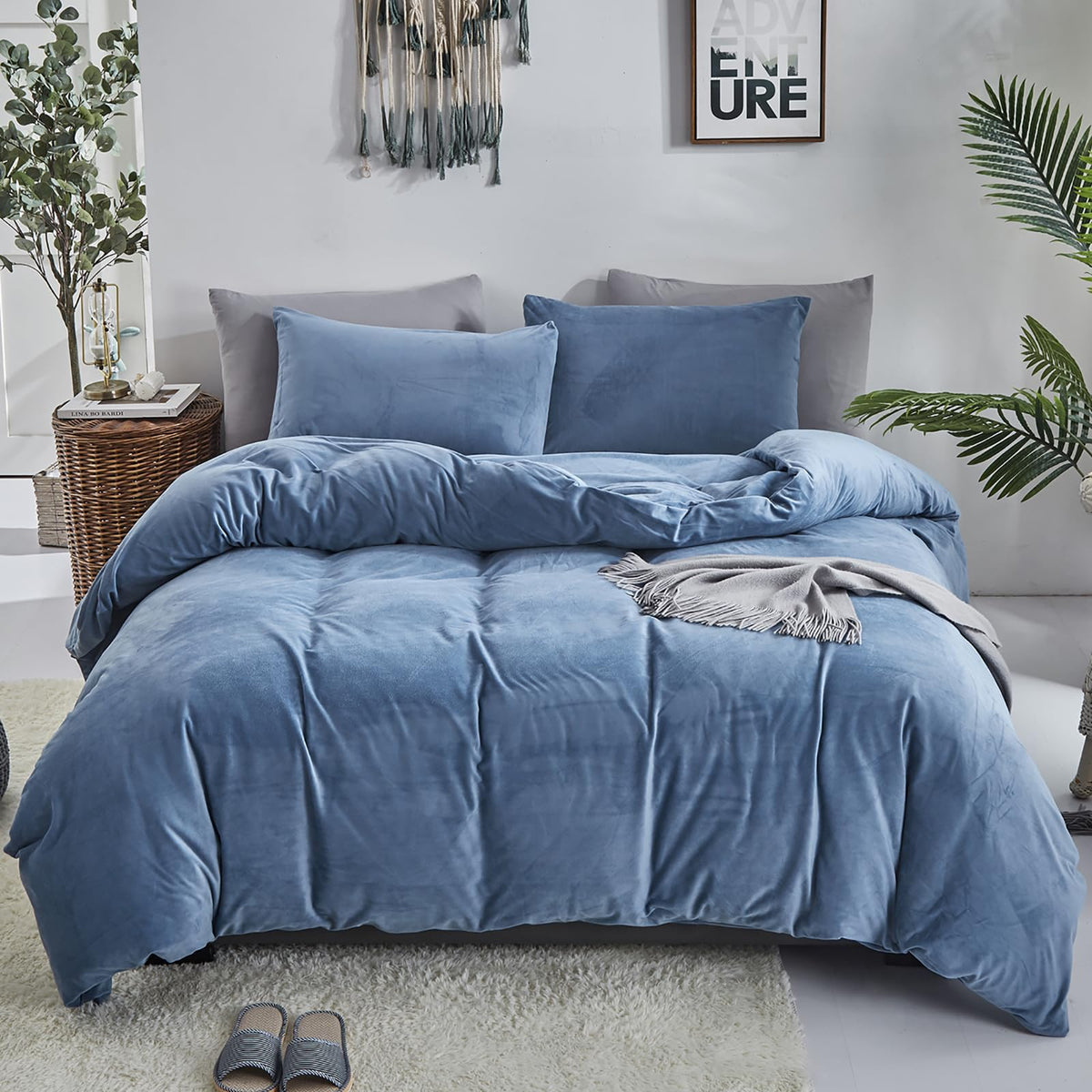 Luxlovery Blue Velvet Comforter Cal King Lake Blue Fluffy Plush Bedding Comforter Set Warm Flannel Haze Blue Micromink Sherpa Qu