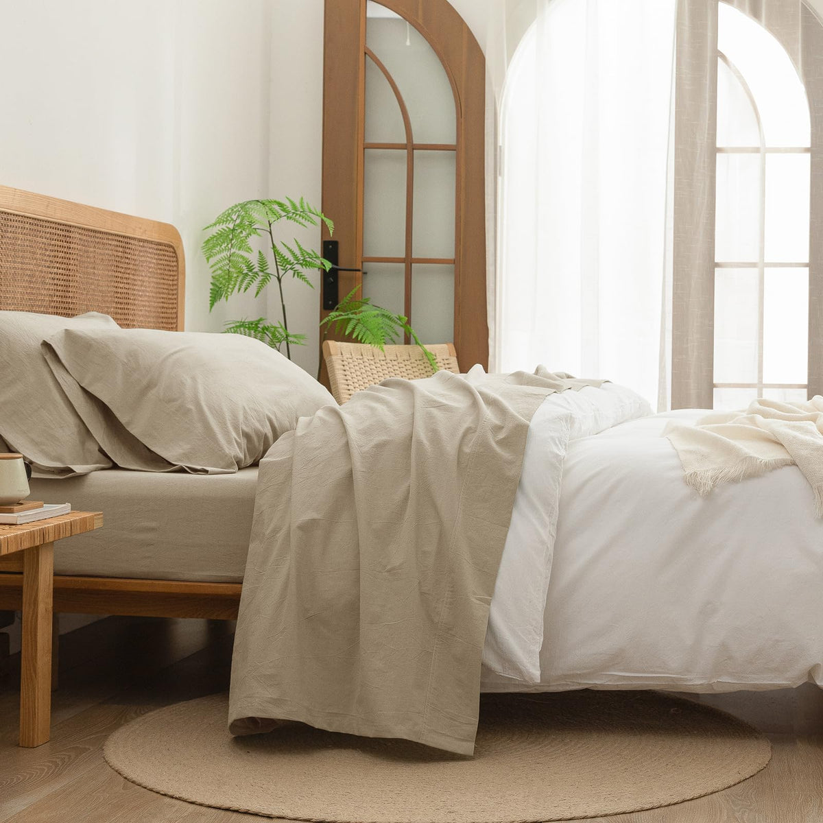 BESTOUCH Sheet Set 100% Washed Cotton Linen Feel Super Soft Comfortable Chic Lightweight 4 Pcs Home Bedding Set Solid Almond Mil