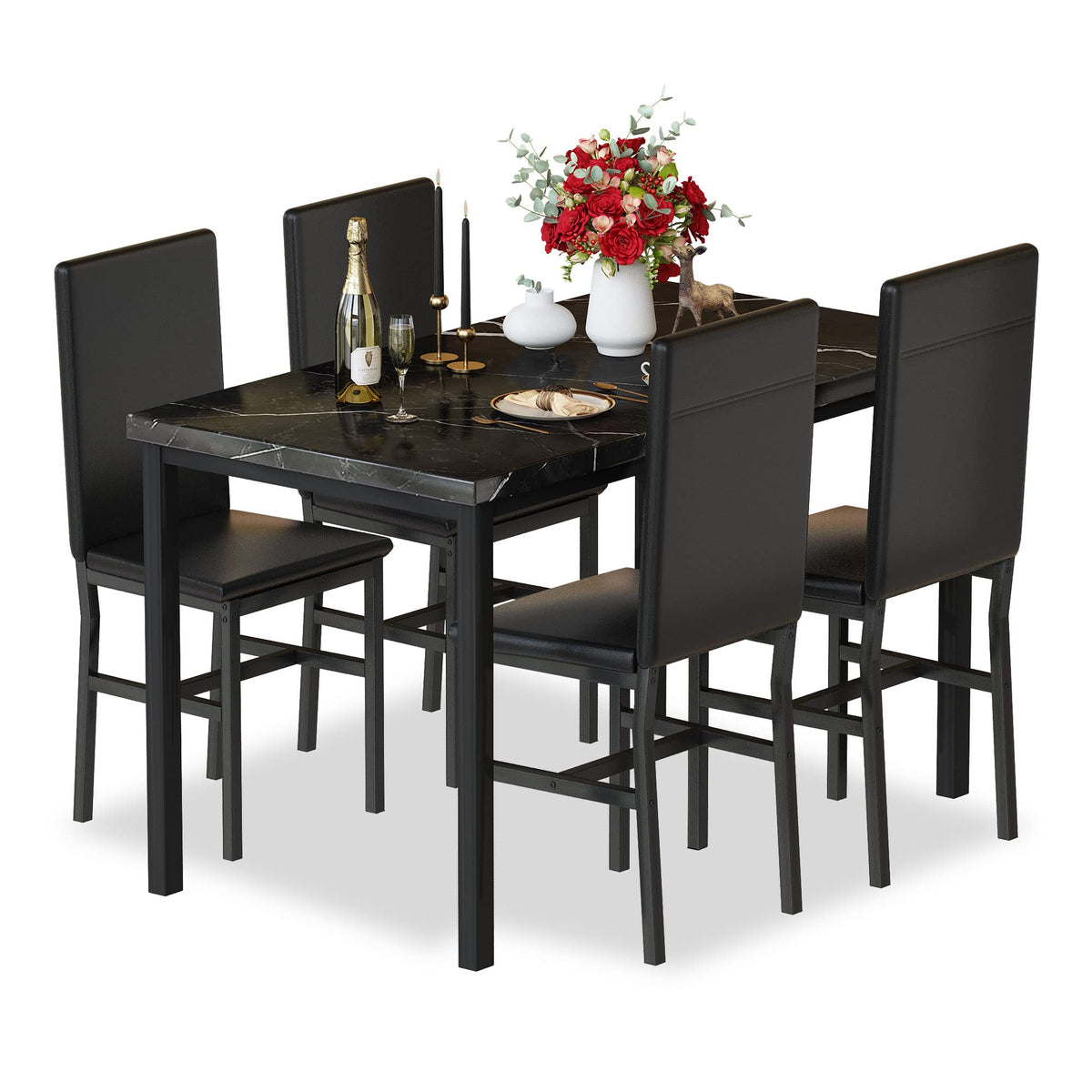 Tantohom Dining Table Set For 4, 5-Piece Faux Marble Dining Set,4 Upholstered Pu Chairs, Modern Kitchen Table Furniture For Dini