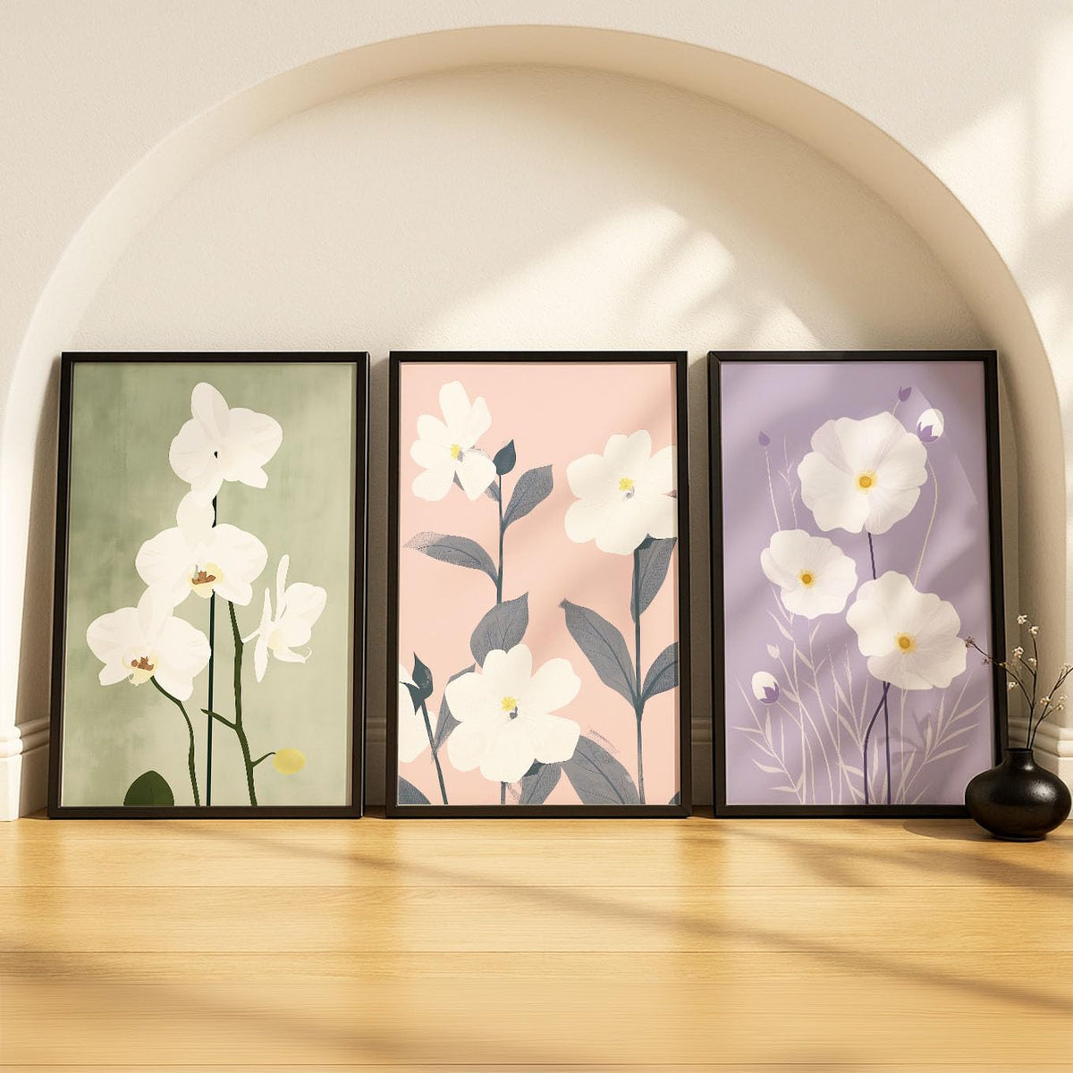 SoulAbiti Orchid & Wildflower set of 3 Framed Wall Print 12x18 inch Black Frame PlexiGlass Floral Art ready to hang for living